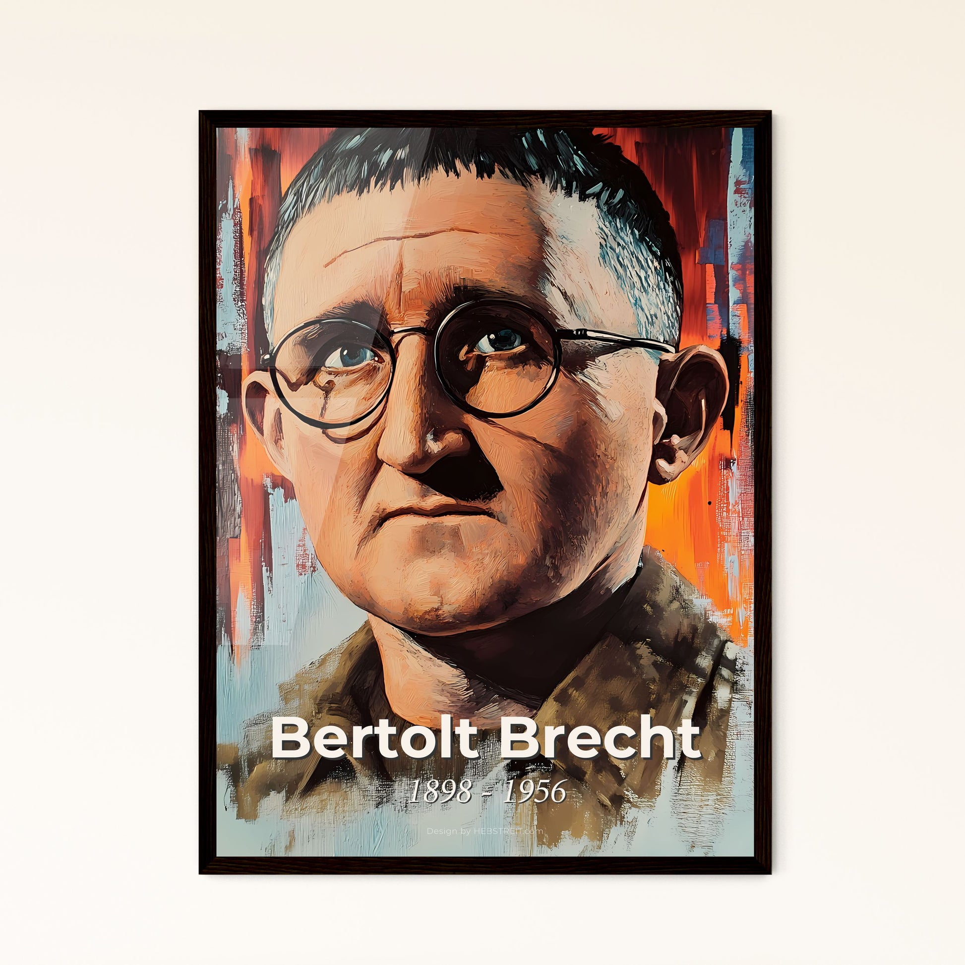 Portrait of Bertolt Brecht, 1898 - 1956. Impressionistic painting of a man with short hair wearing glasses.