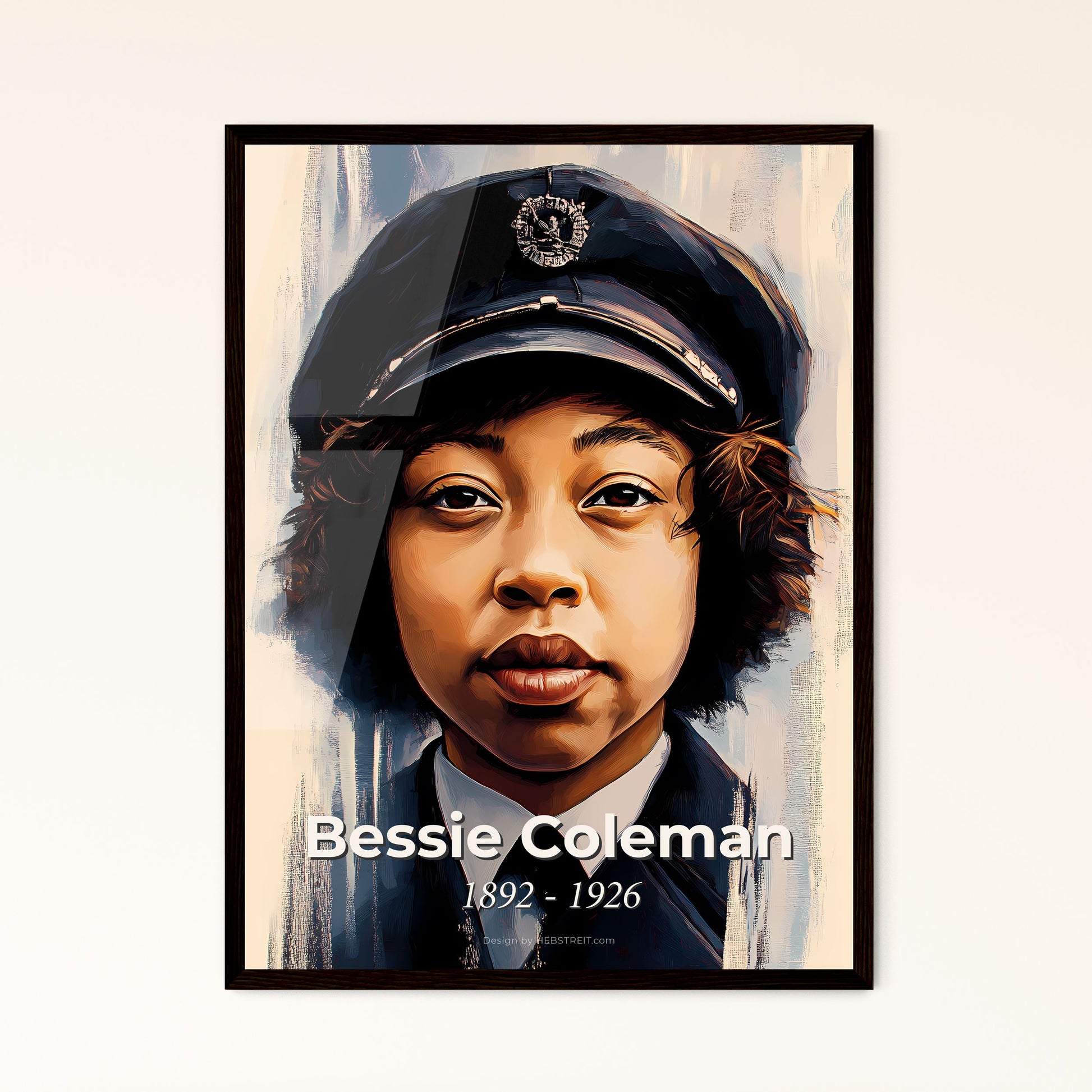 Portrait of Bessie Coleman, 1892 - 1926. Impressionistic painting of a person wearing a uniform and a hat.