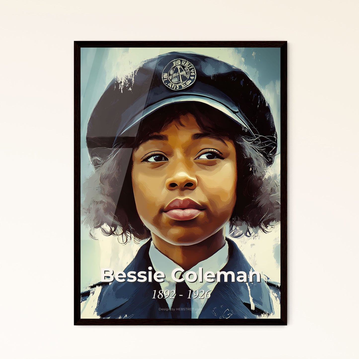 Portrait of Bessie Coleman, 1892 - 1926. Impressionistic painting of a woman in a uniform.