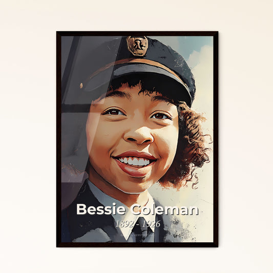 Portrait of Bessie Coleman, 1892 - 1926. Impressionistic painting of a woman wearing a uniform and smiling.