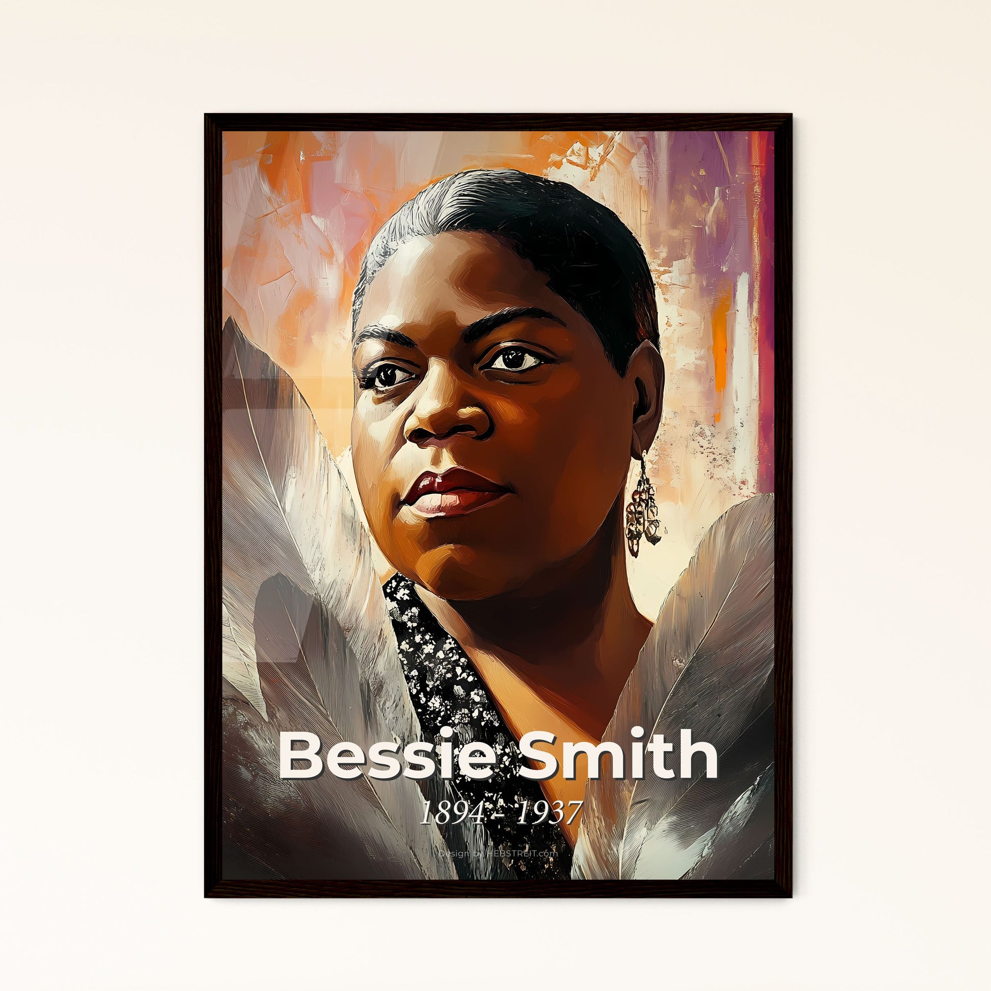 Portrait of Bessie Smith, 1894 - 1937. Impressionistic painting of a woman with feathers around her neck.