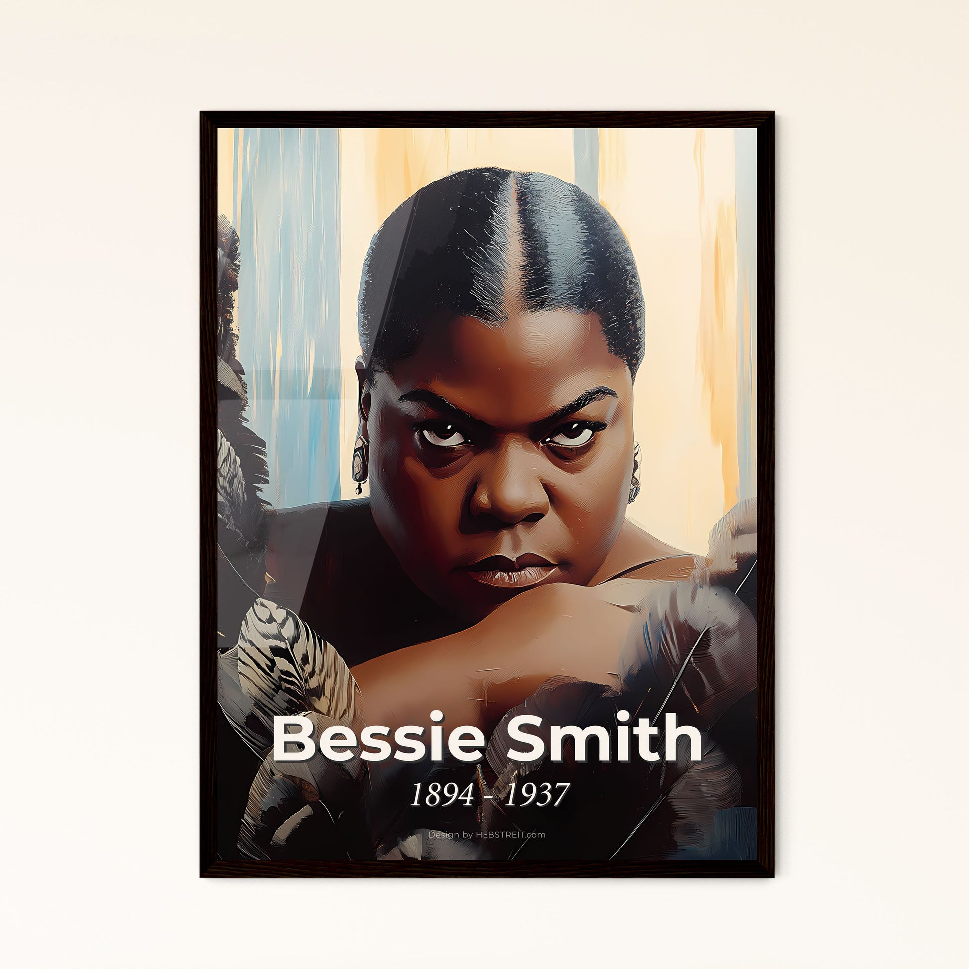 Portrait of Bessie Smith, 1894 - 1937. Impressionistic painting of a woman with black hair and feathers.