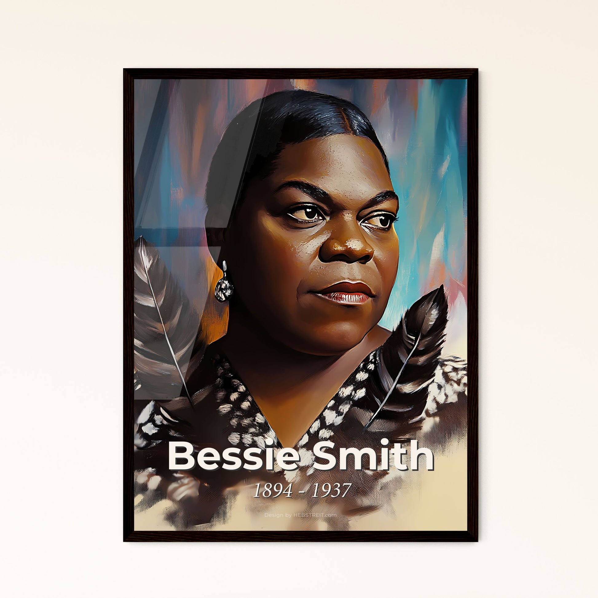 Portrait of Bessie Smith, 1894 - 1937. Impressionistic painting of a woman with feathers around her neck.