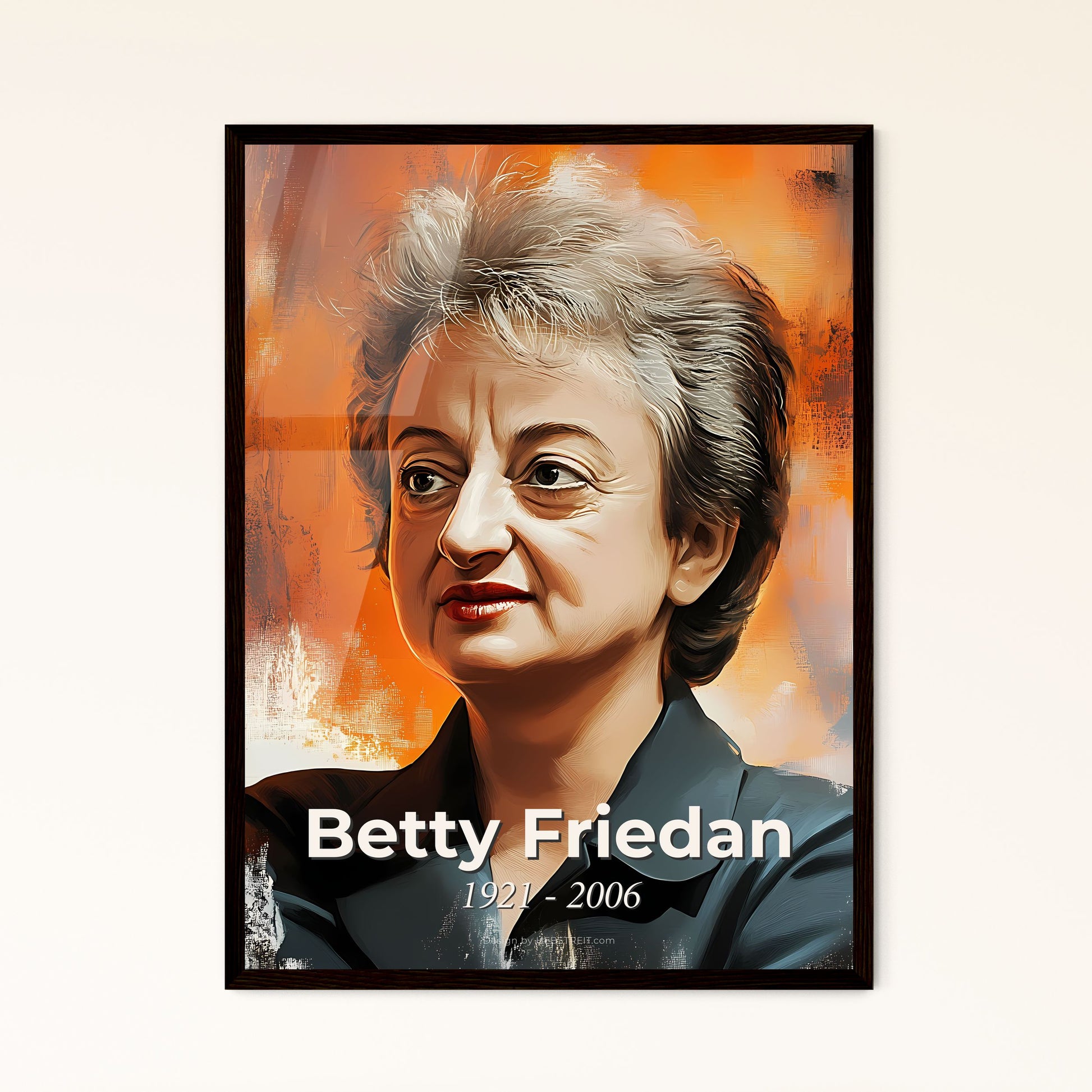 Portrait of Betty Friedan, 1921 - 2006. Impressionistic painting of a woman with grey hair.