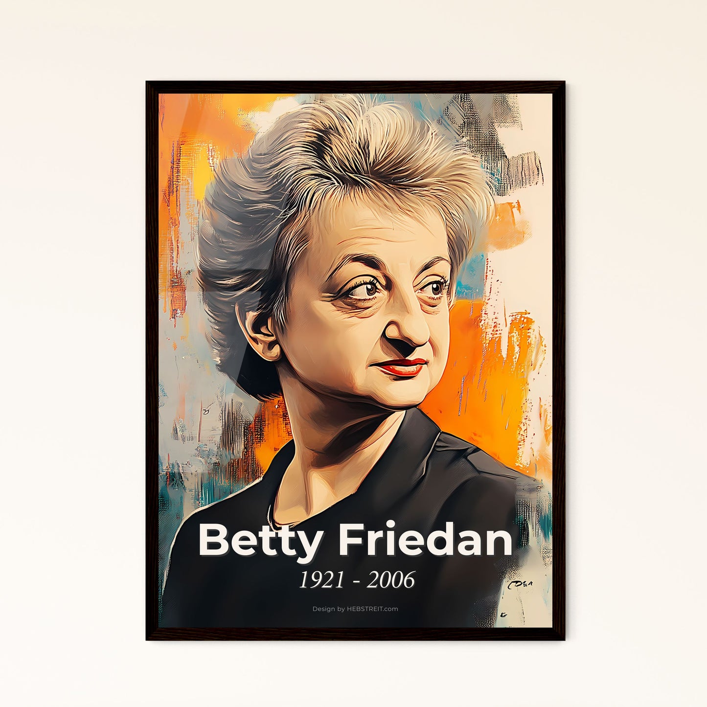 Portrait of Betty Friedan, 1921 - 2006. Impressionistic painting of a woman with short hair.