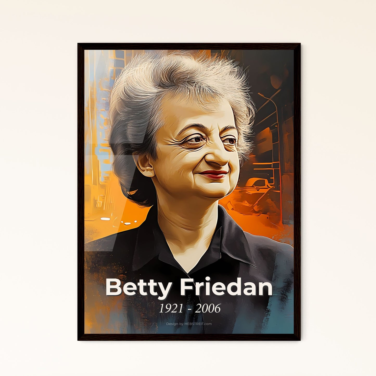 Portrait of Betty Friedan, 1921 - 2006. Impressionistic painting of a woman in a black shirt.