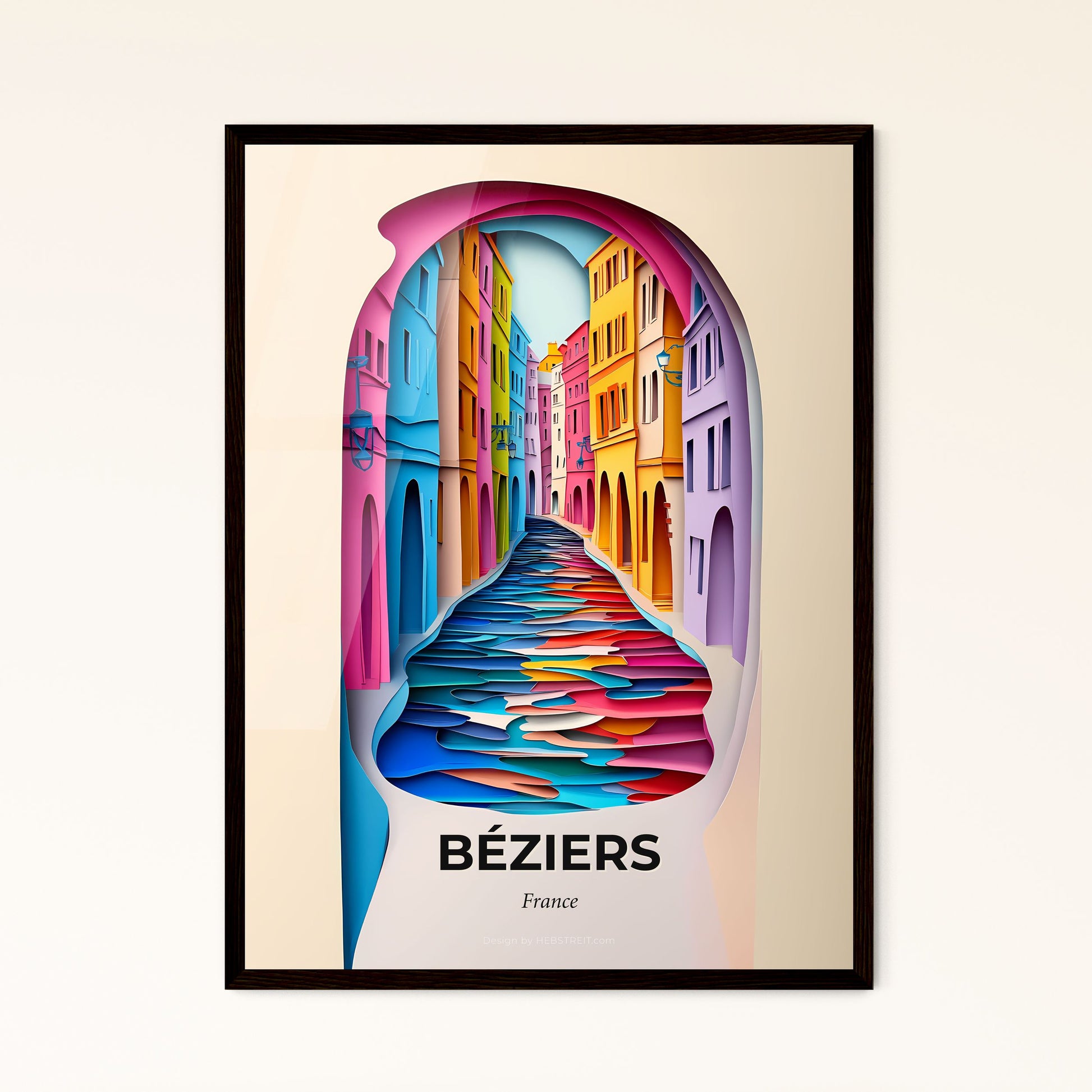 Vivid Béziers, France - a colorful city street with a bridge and a rainbow colored building