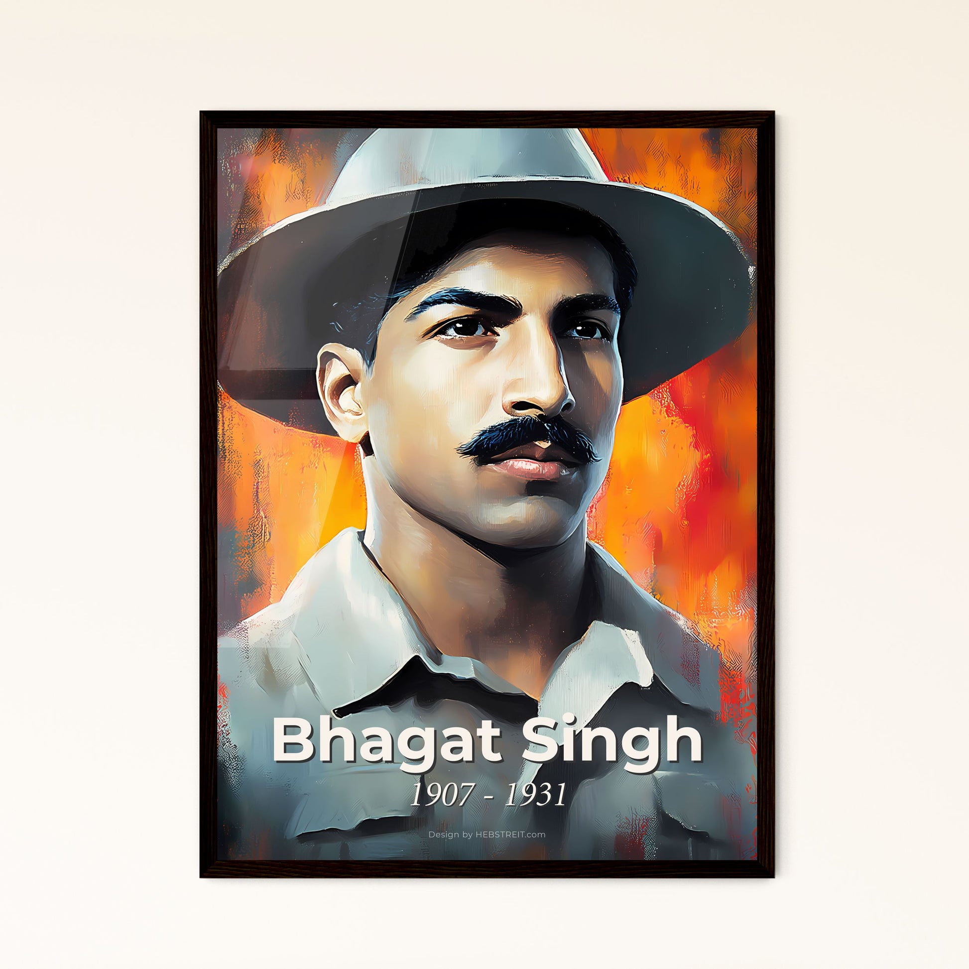 Portrait of Bhagat Singh, 1907 - 1931. Impressionistic painting of a man with a mustache wearing a hat.