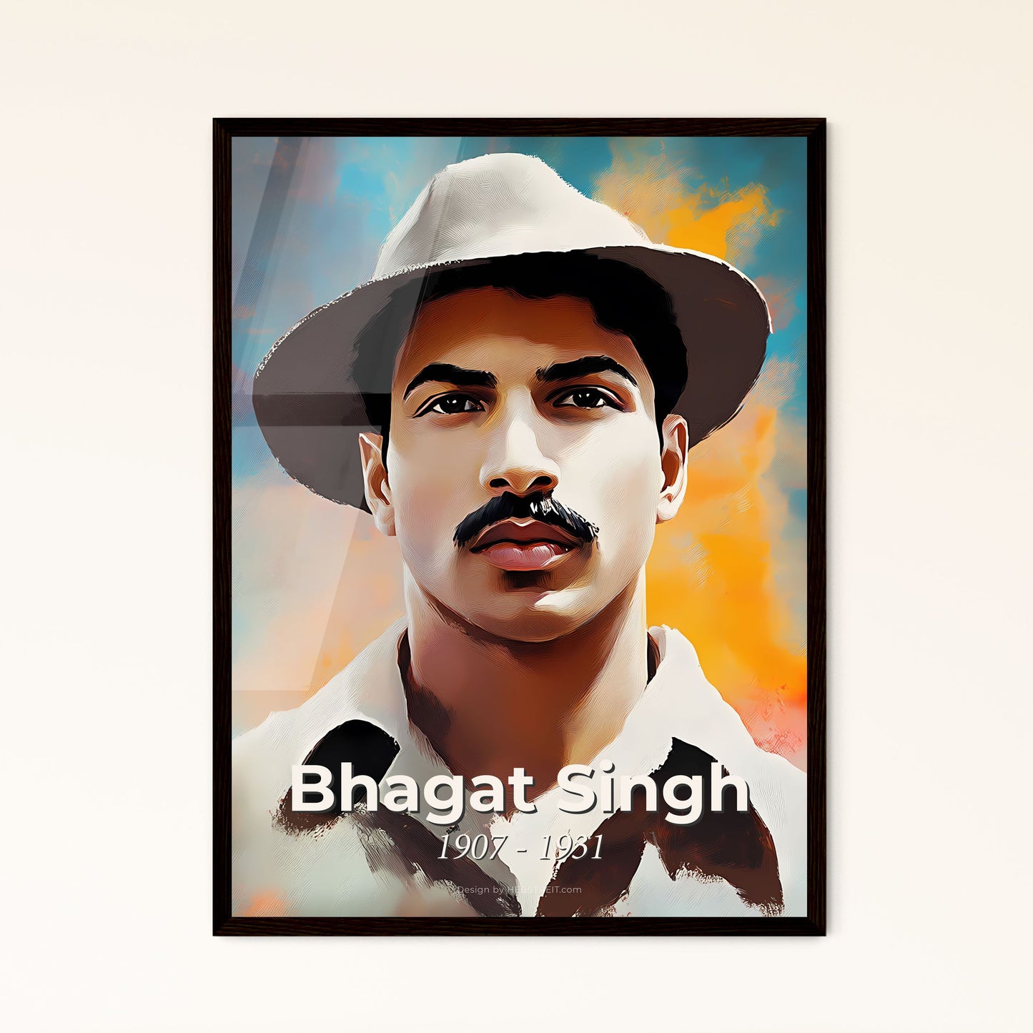 Portrait of Bhagat Singh, 1907 - 1931. Impressionistic painting of a man with a mustache wearing a hat.