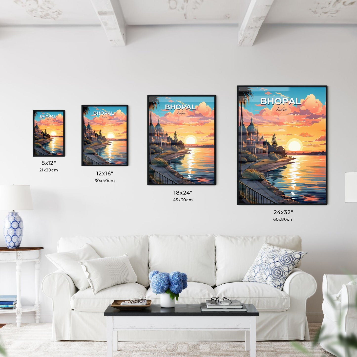 Indian sunset over lake skyline painting wall art artwork Default Title