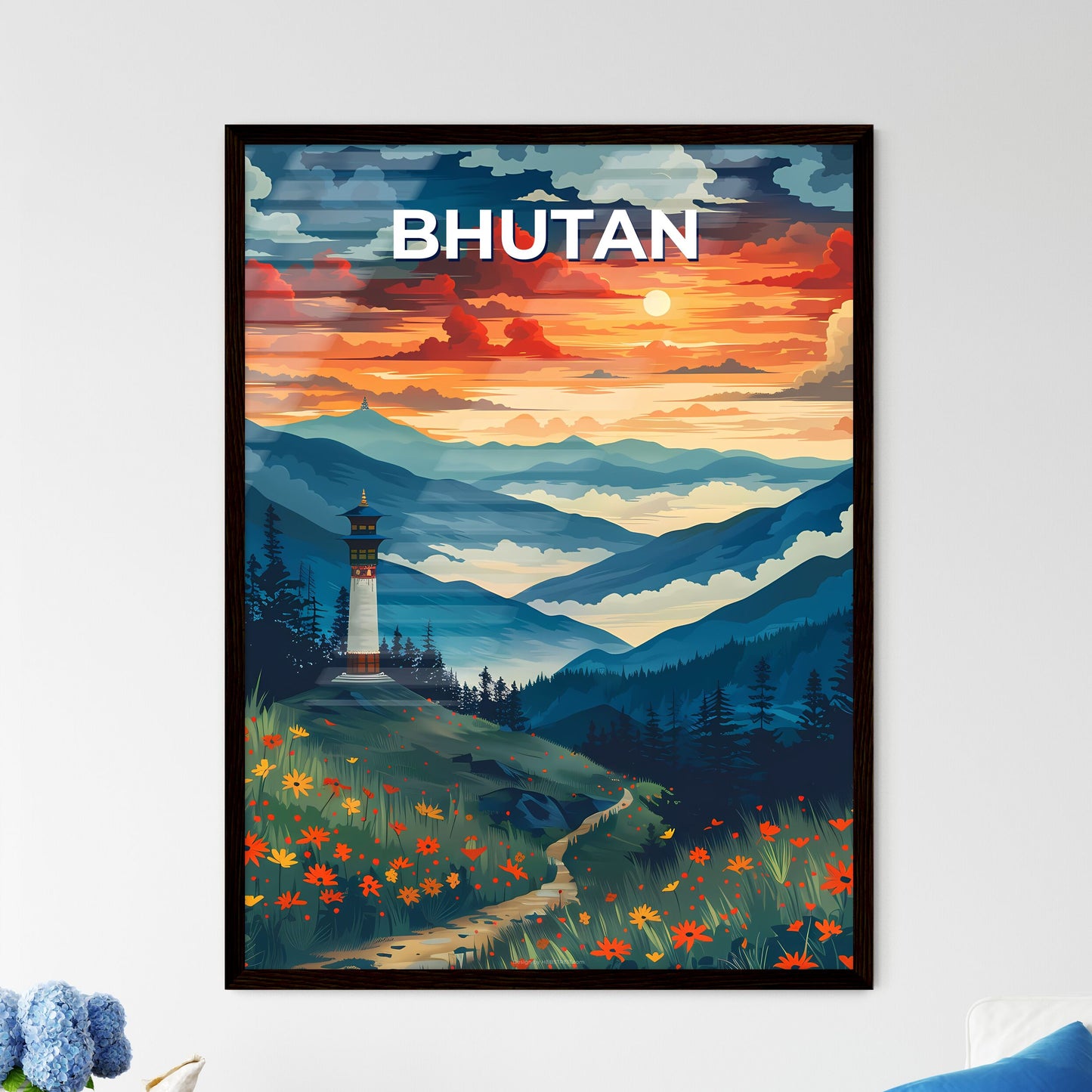 Abstract Lighthouse Landscape Painting, Bhutan, South Asia, Flowers, Vibrant Colors, Art