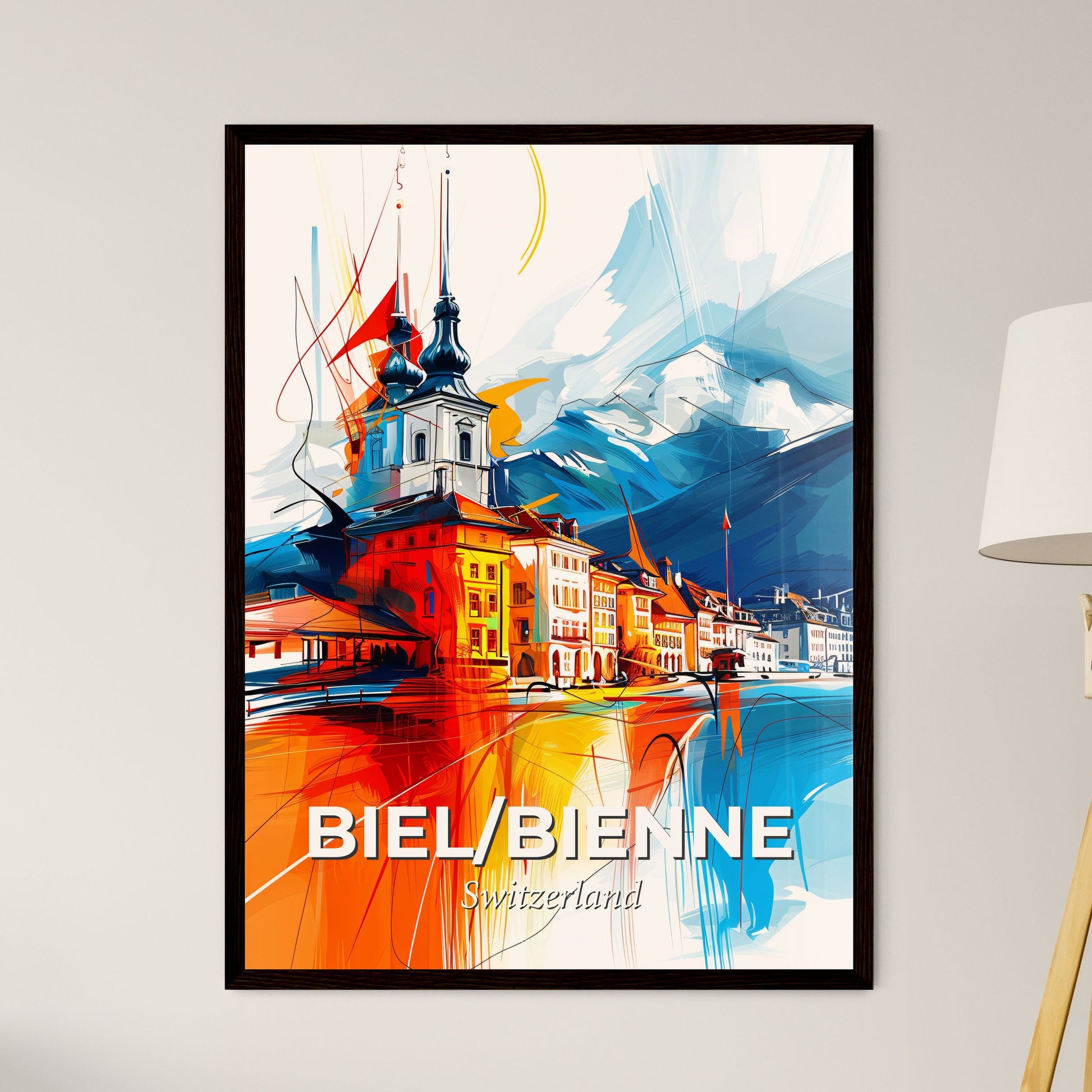 Vibrant Biel/Bienne, Switzerland - A Painting Of A Building With Mountains In The Background