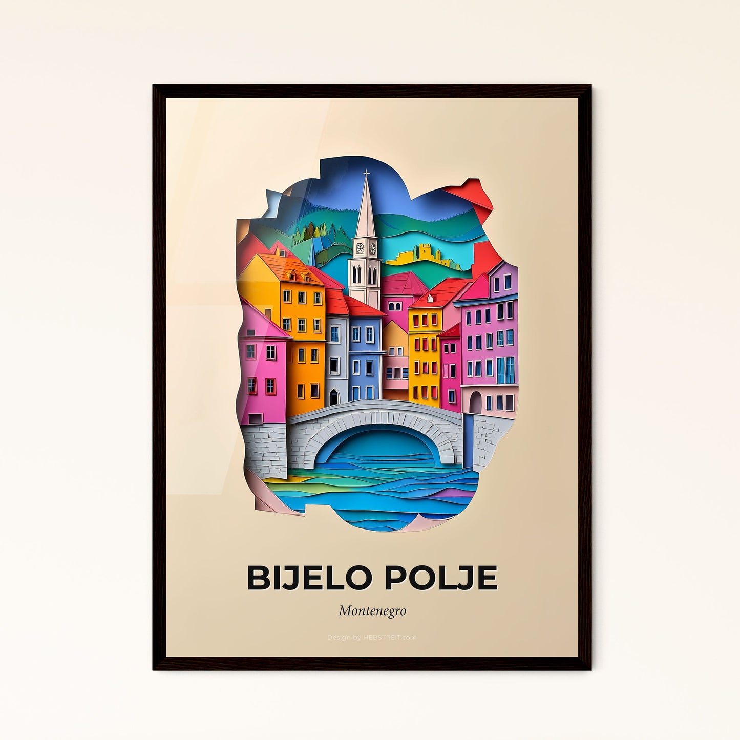 Vivid Bijelo Polje, Montenegro - a paper cut of a city with a bridge