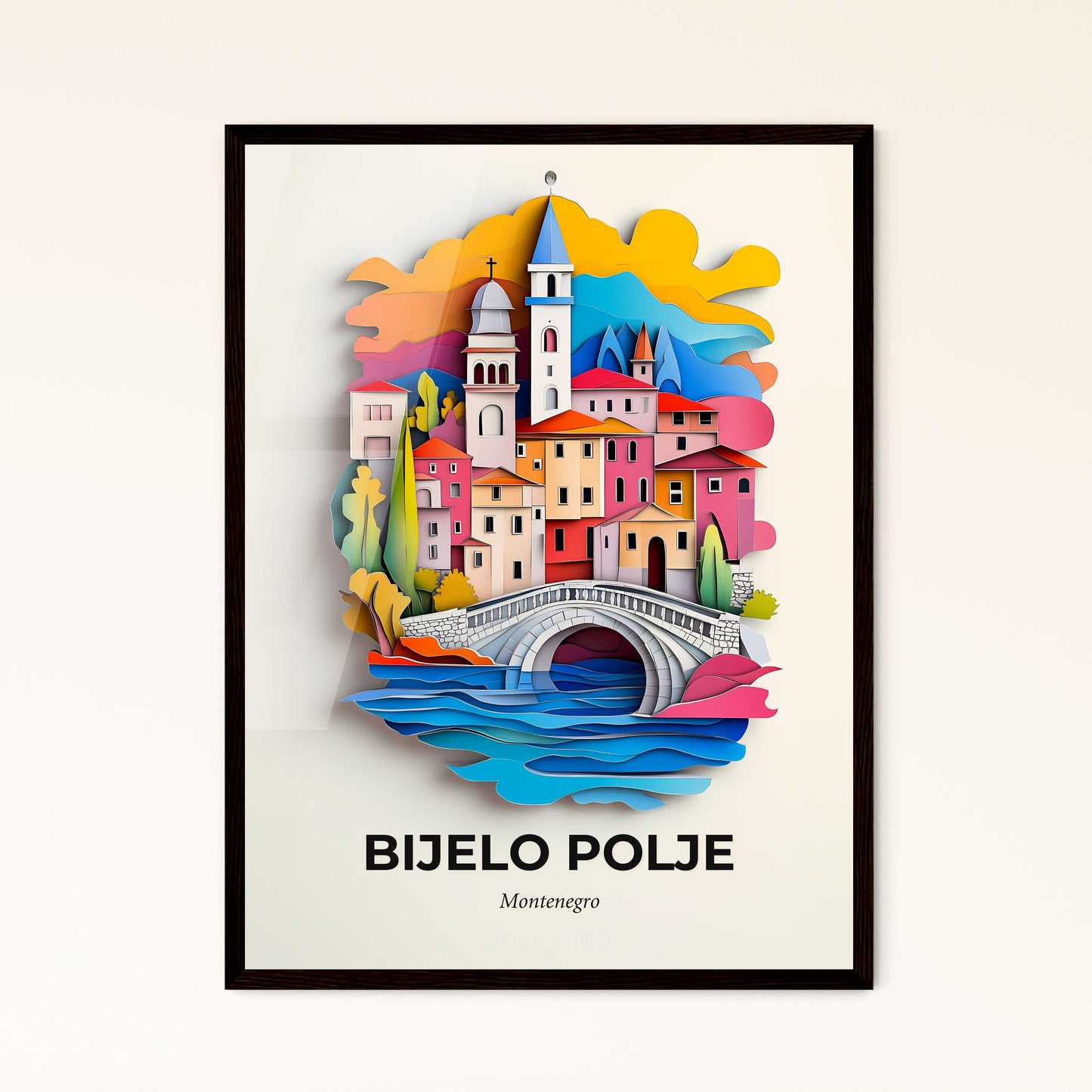 Vivid Bijelo Polje, Montenegro - a paper cut of a city with a bridge