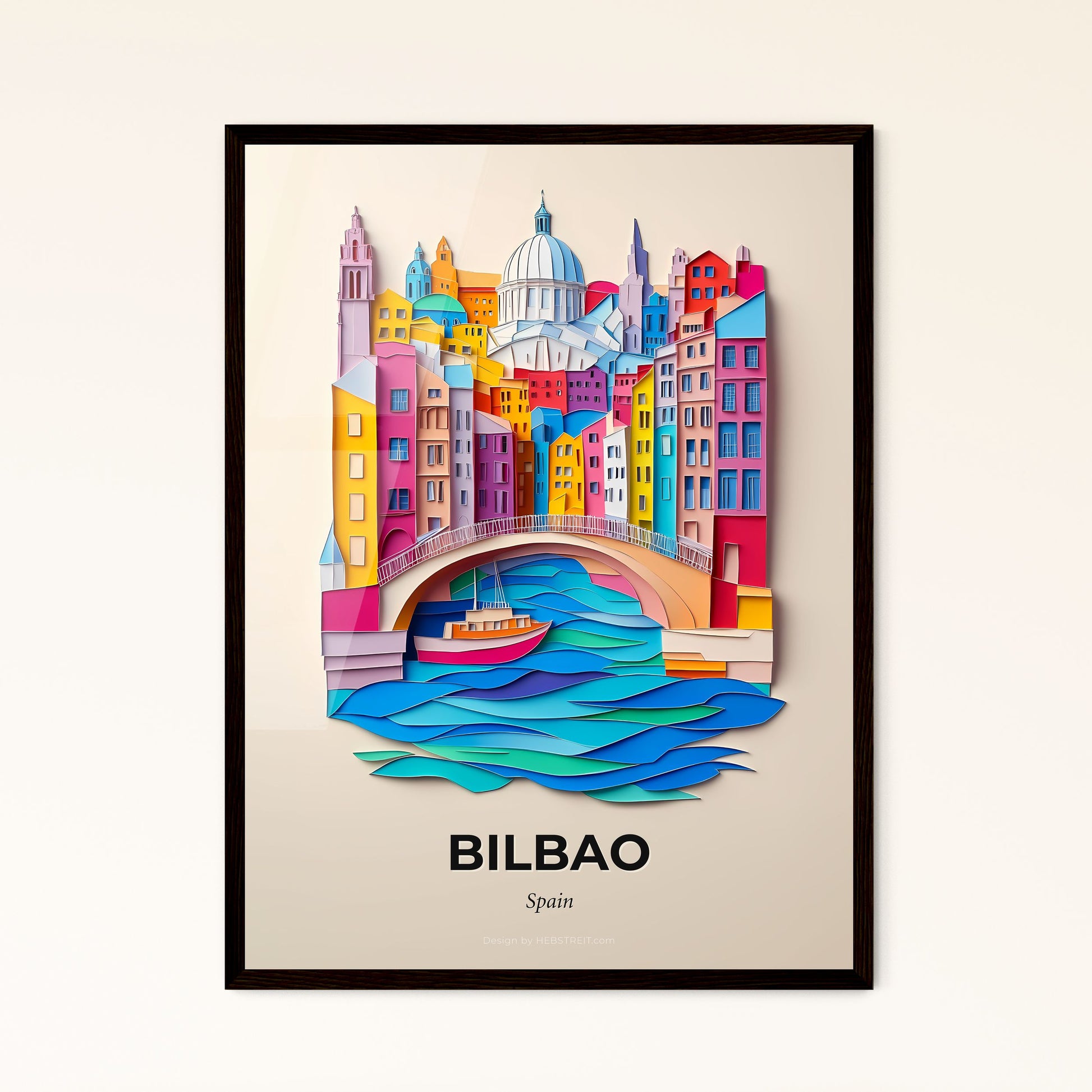 Vivid Bilbao, Spain - a paper cut of a boat in a river