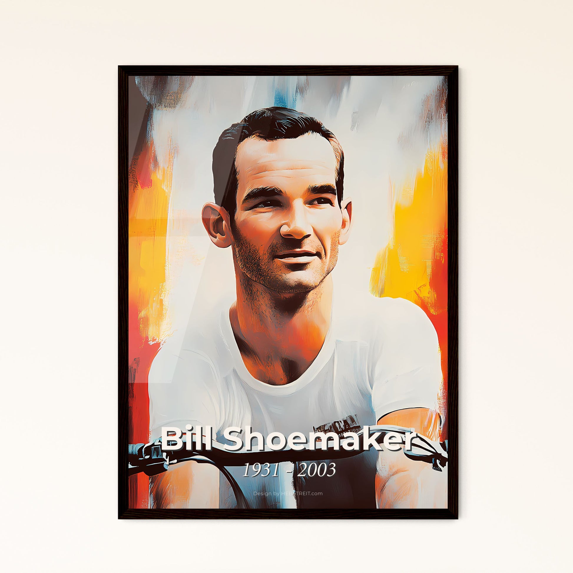 Portrait of Bill Shoemaker, 1931 - 2003. Impressionistic painting of a man on a bicycle.