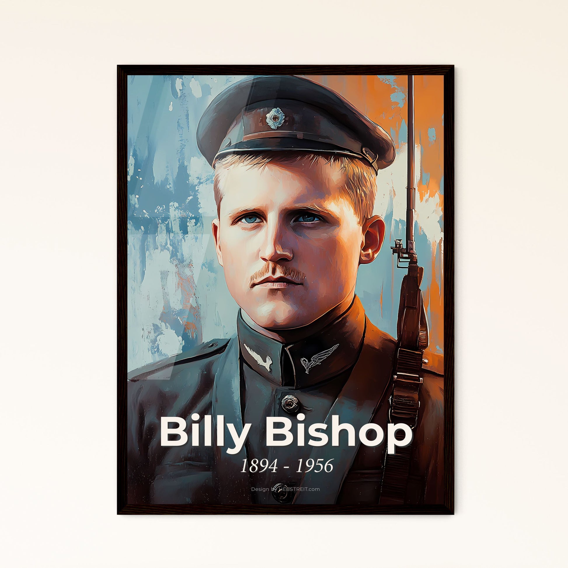 Portrait of Billy Bishop, 1894 - 1956. Impressionistic painting of a man in uniform holding a rifle.