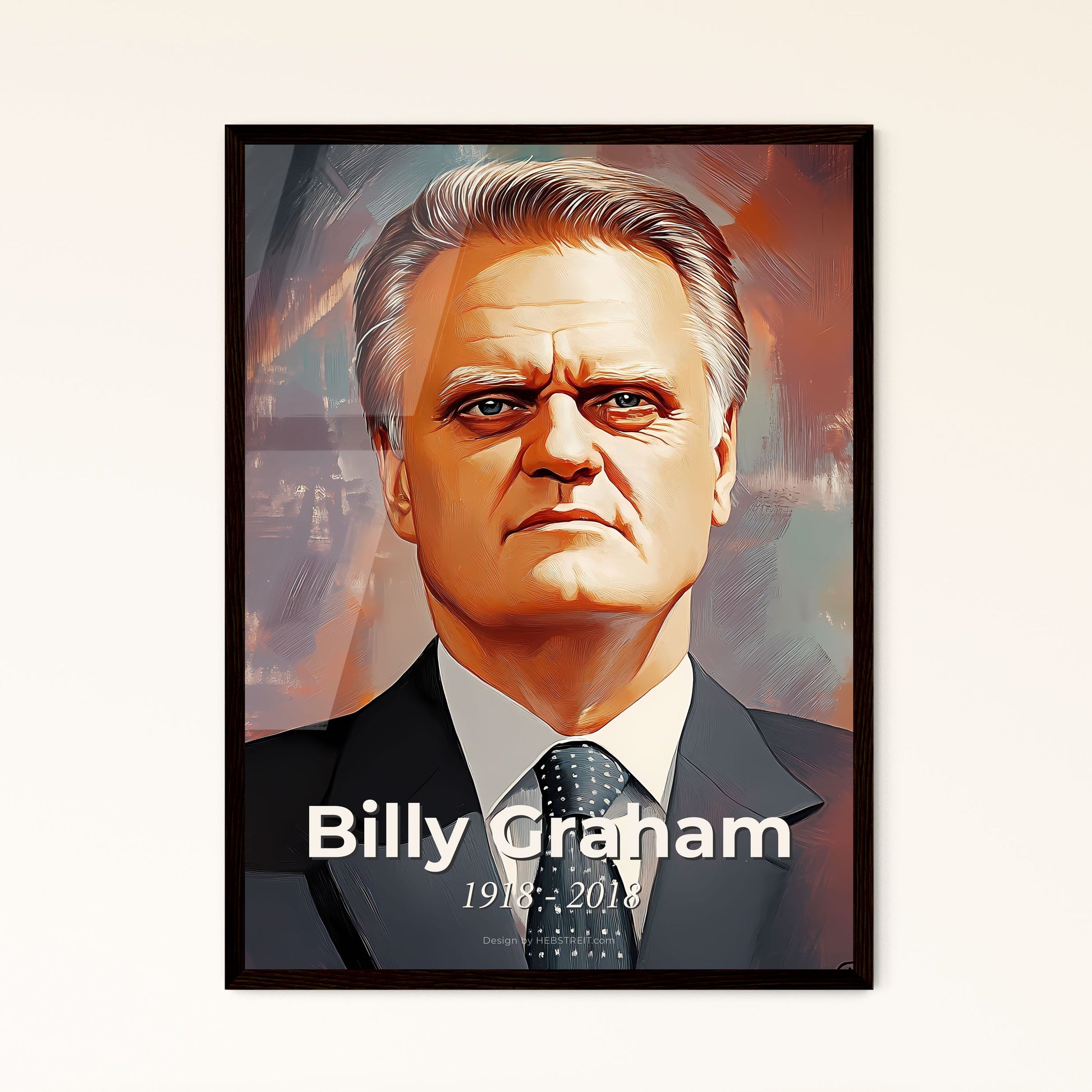 Portrait of Billy Graham, 1918 - 2018. Impressionistic painting of a man in a suit.