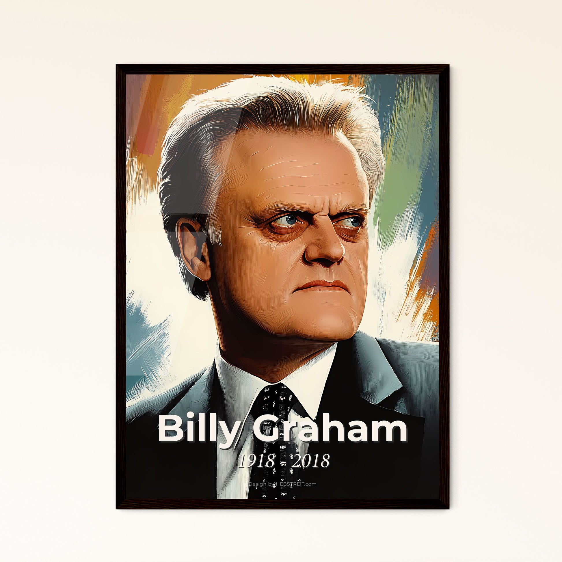 Portrait of Billy Graham, 1918 - 2018. Impressionistic painting of a man in a suit and tie.