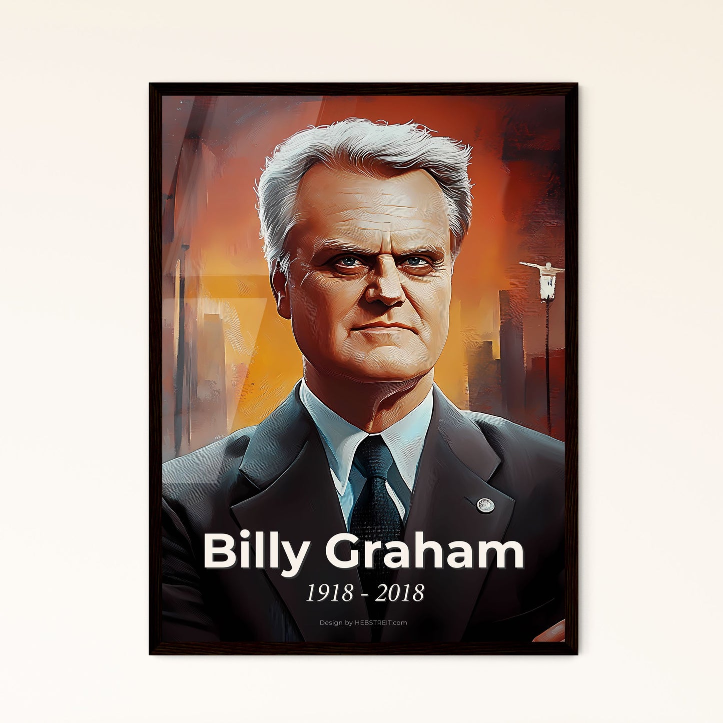 Portrait of Billy Graham, 1918 - 2018. Impressionistic painting of a man in a suit.