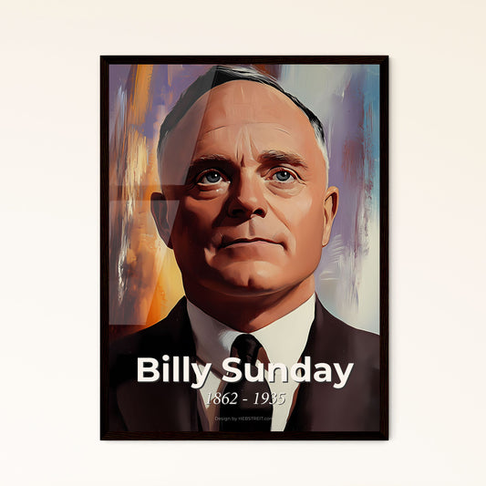 Portrait of Billy Sunday, 1862 - 1935. Impressionistic painting of a man in a suit and tie.