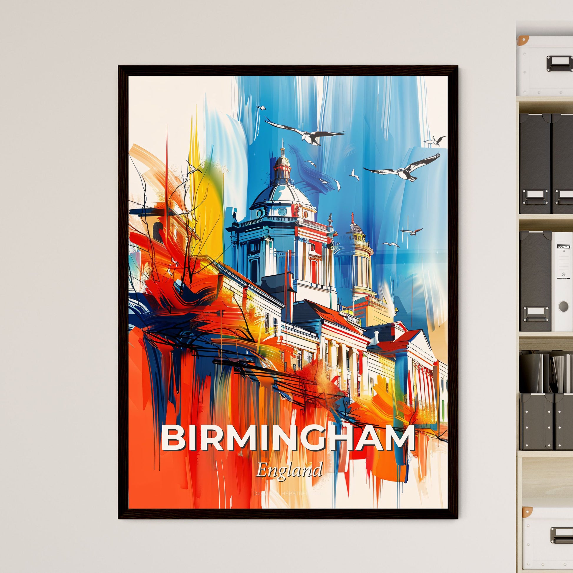 Vibrant Birmingham, England - A Painting Of A Building With Birds Flying In The Sky