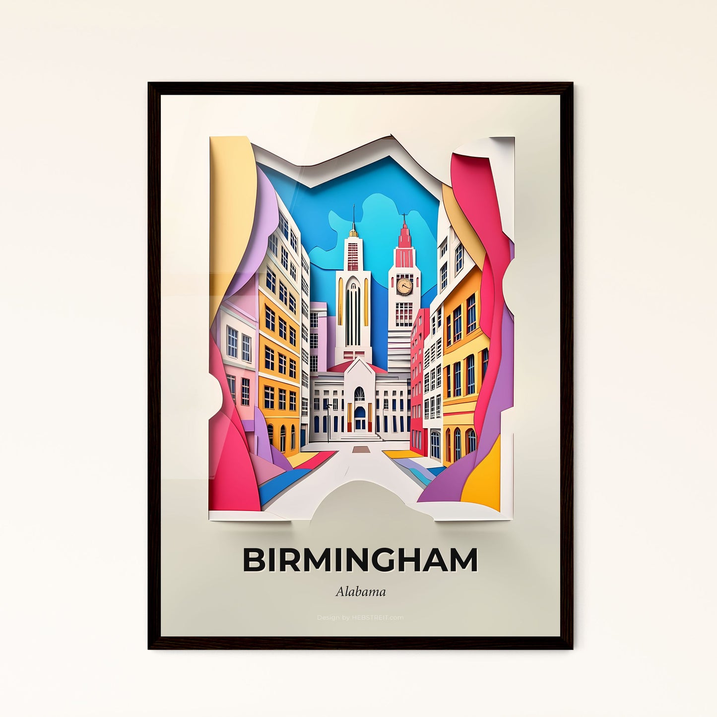 Vivid Birmingham, Alabama - a paper cut of a city with a clock tower