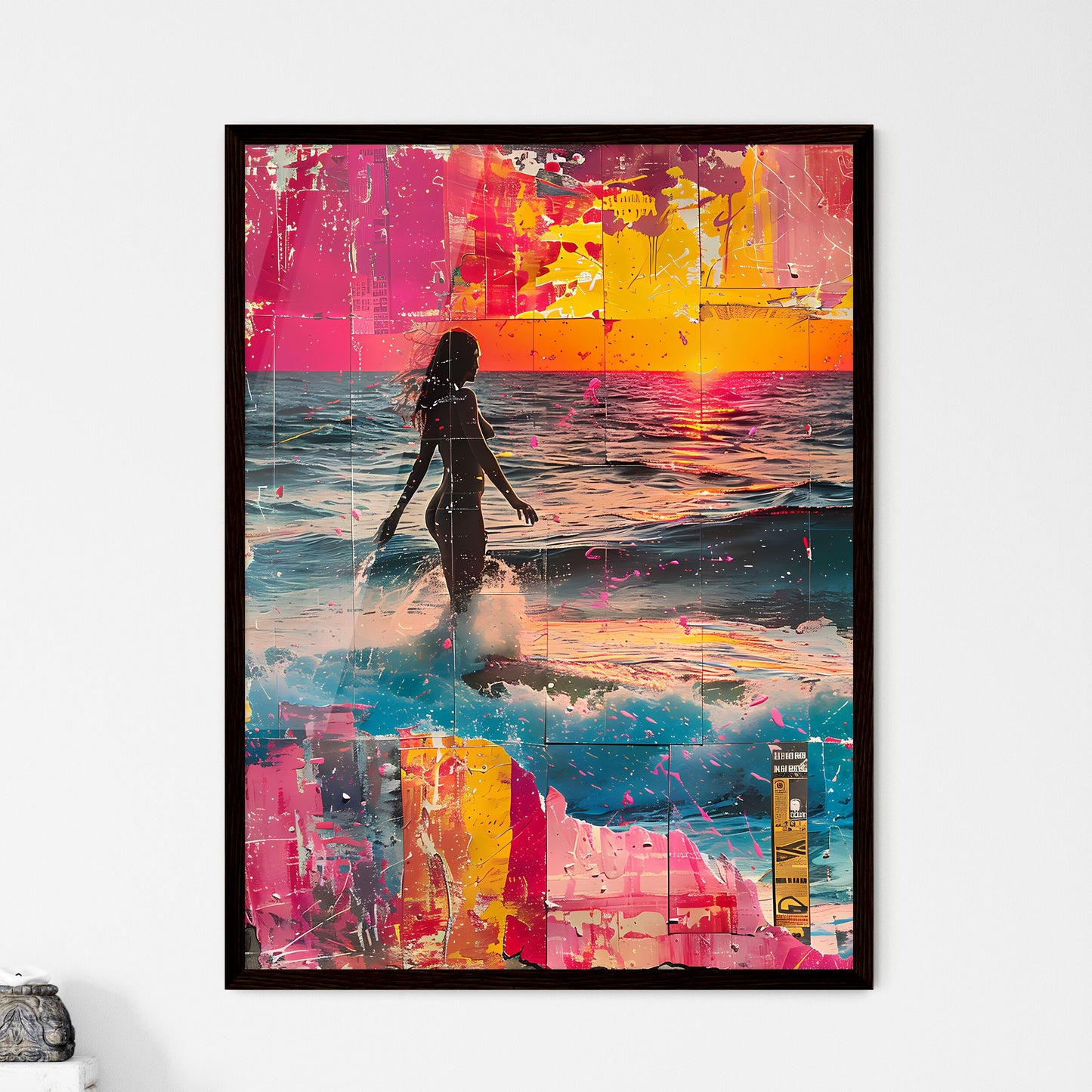 Vibrant Pop Art Surfing Venus: Screen Printed Trash Poster Style Painting with Spray Paint Default Title