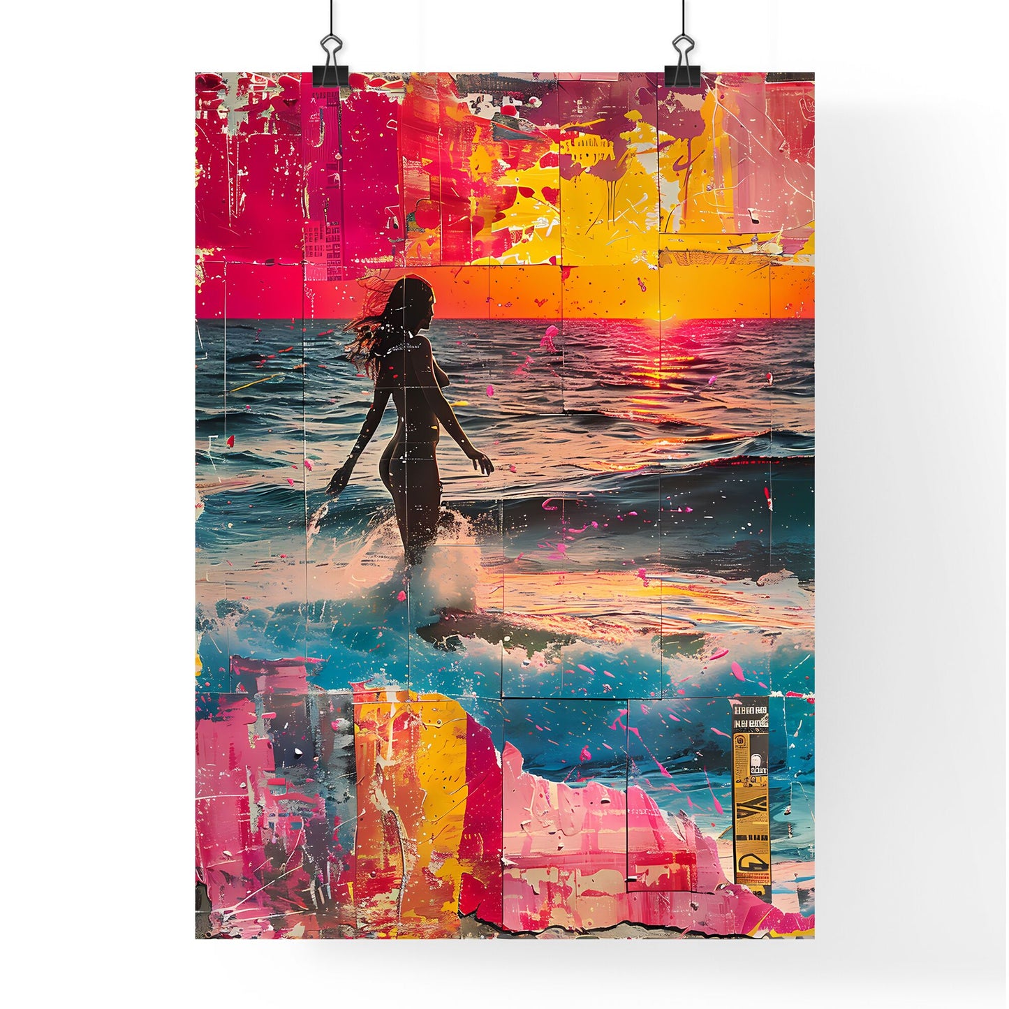 Vibrant Pop Art Surfing Venus: Screen Printed Trash Poster Style Painting with Spray Paint Default Title