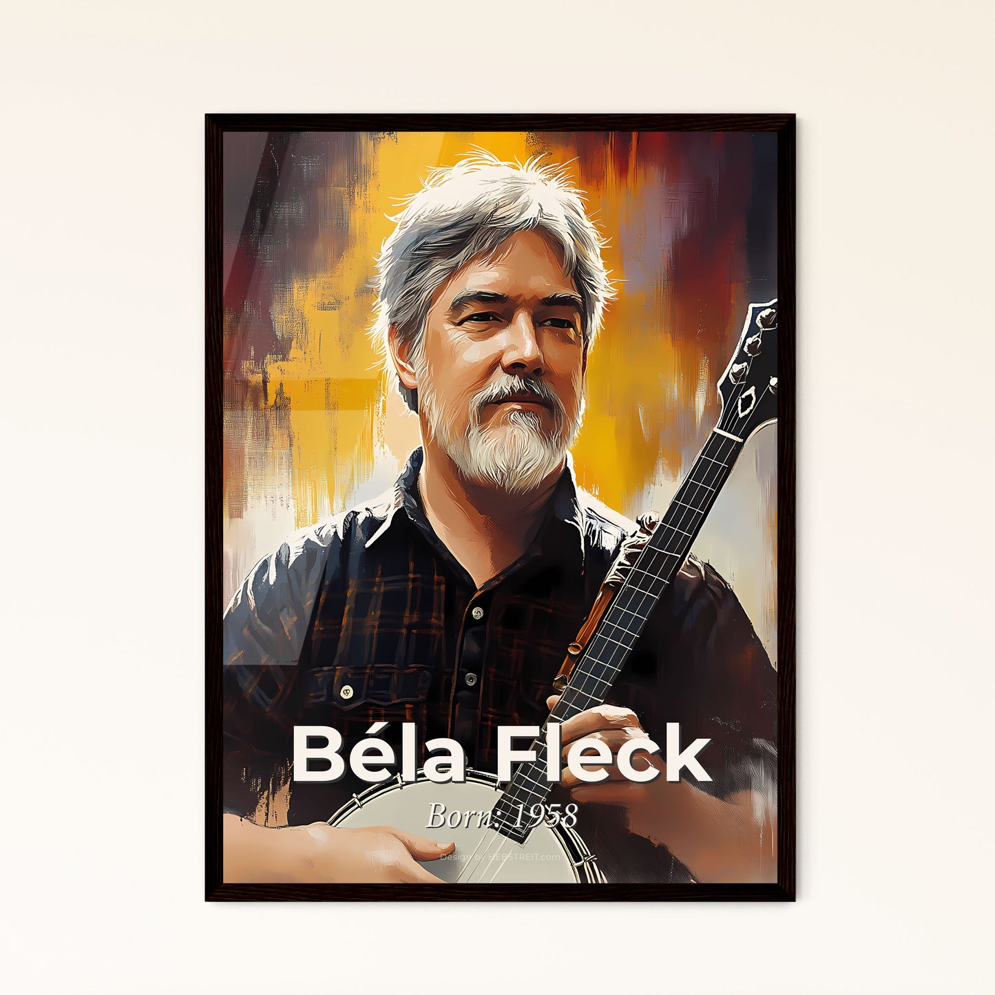 Portrait of Béla Fleck, Born: 1958. Impressionistic painting of a man holding a banjo.