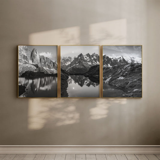 Black and White Chamonix Wall Art Set - Minimalist Mountain Photography Prints