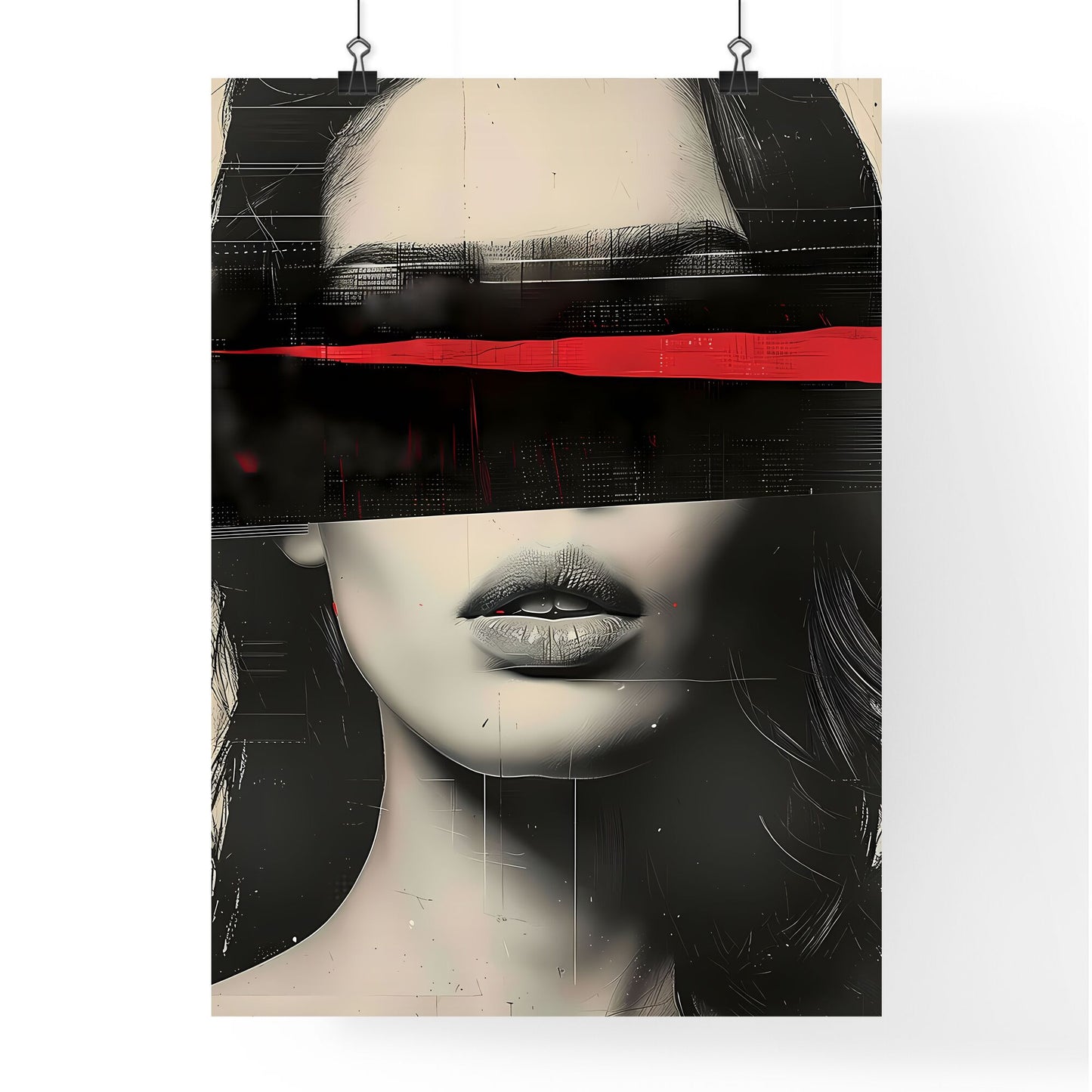 Vibrant Abstract Woman Portrait: Black, Grey, and Red Digital Collage with Striped Eyes Default Title