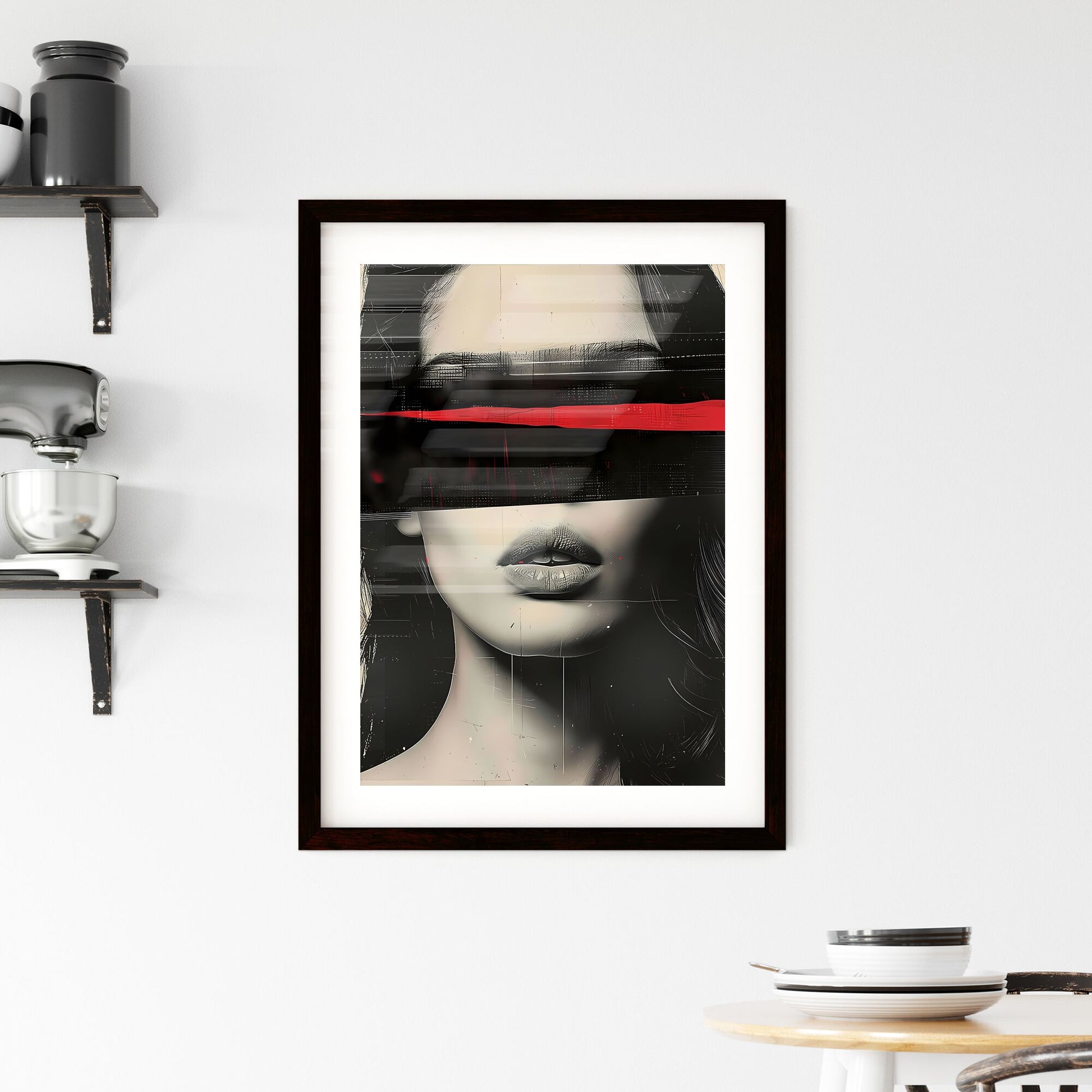 Vibrant Abstract Woman Portrait: Black, Grey, and Red Digital Collage with Striped Eyes Default Title