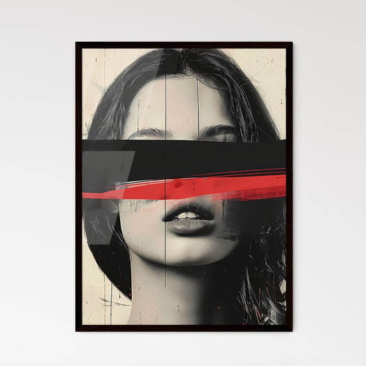 Black and grey shaded portrait of a woman with a red stripe covering her face, digital collage, focus on art Default Title