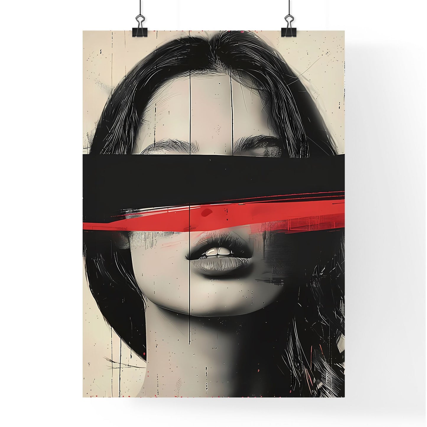Black and grey shaded portrait of a woman with a red stripe covering her face, digital collage, focus on art Default Title