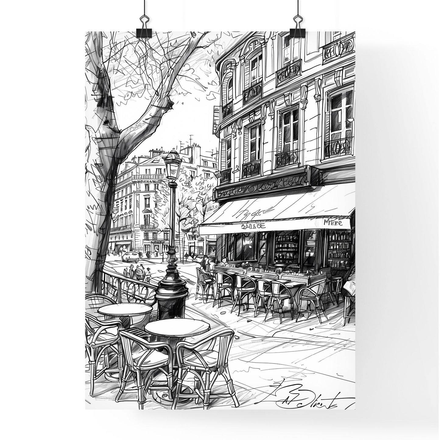 White blind contour line art drawing of a charming Paris cafe scene, featuring tables, chairs, and a vibrant cityscape atmosphere, showcasing the artistic interpretation of the lively street. Default Title