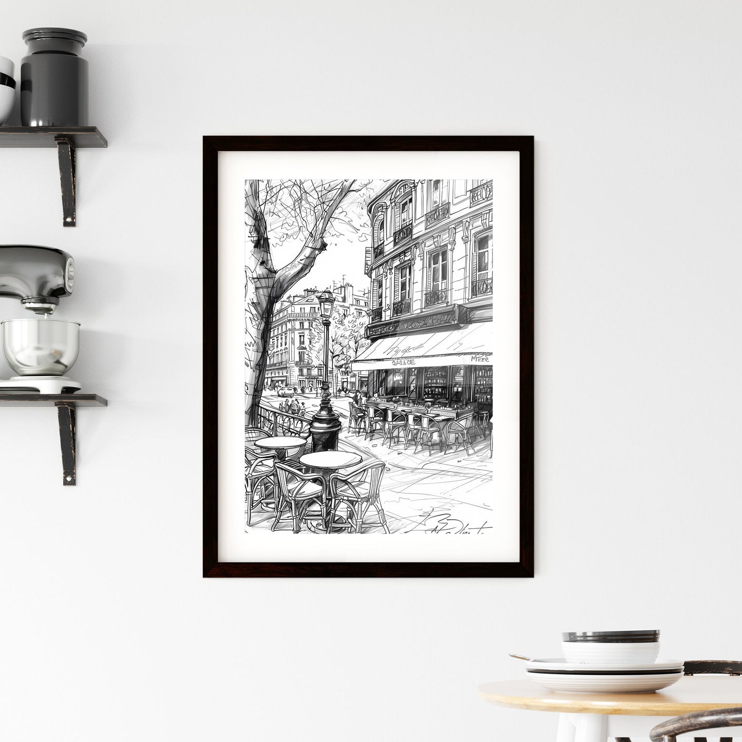 White blind contour line art drawing of a charming Paris cafe scene, featuring tables, chairs, and a vibrant cityscape atmosphere, showcasing the artistic interpretation of the lively street. Default Title