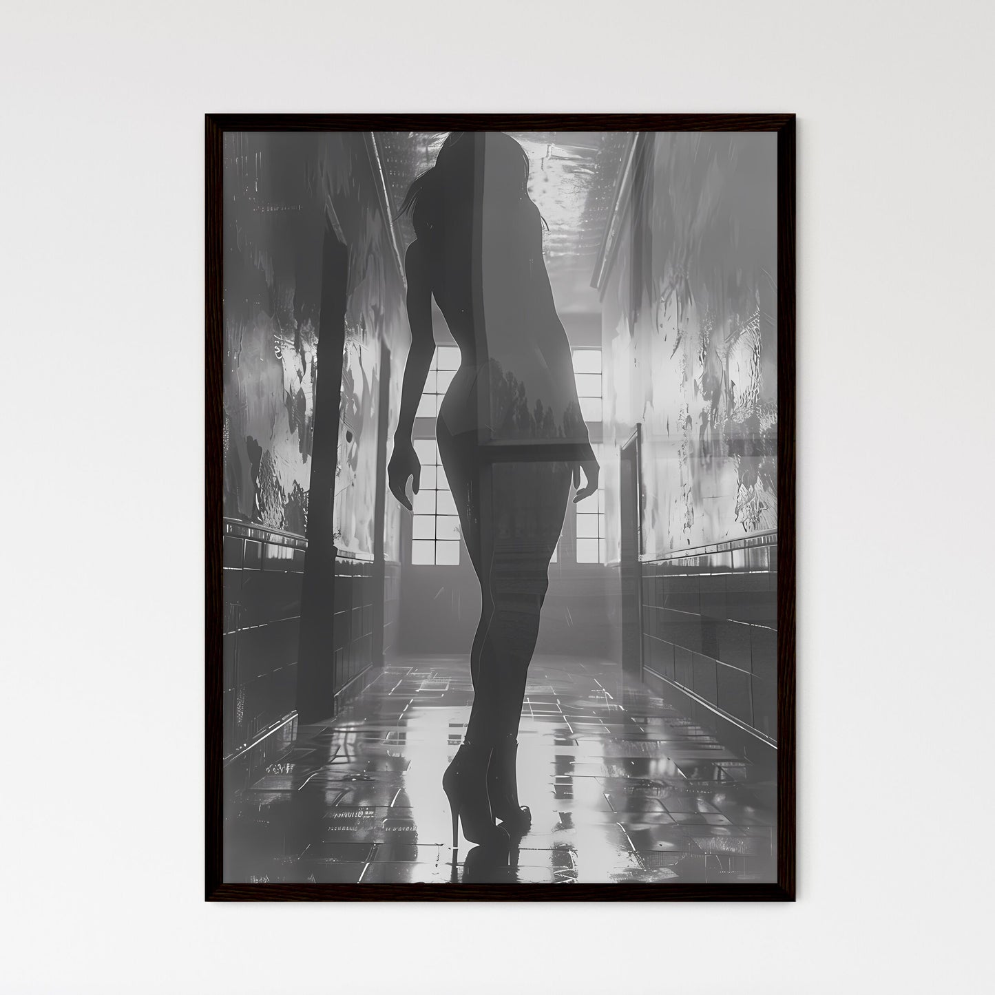 Film Noir Femme Fatale: Mysterious Black and White Painting of Shadowy Woman in Heels in Dim Lit Hallway Default Title