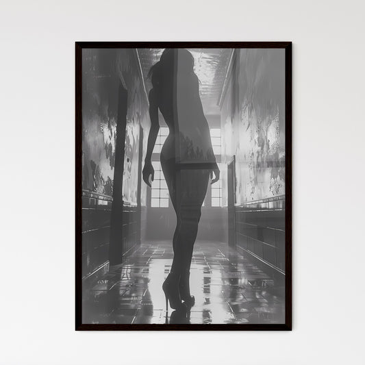 Film Noir Femme Fatale: Mysterious Black and White Painting of Shadowy Woman in Heels in Dim Lit Hallway Default Title