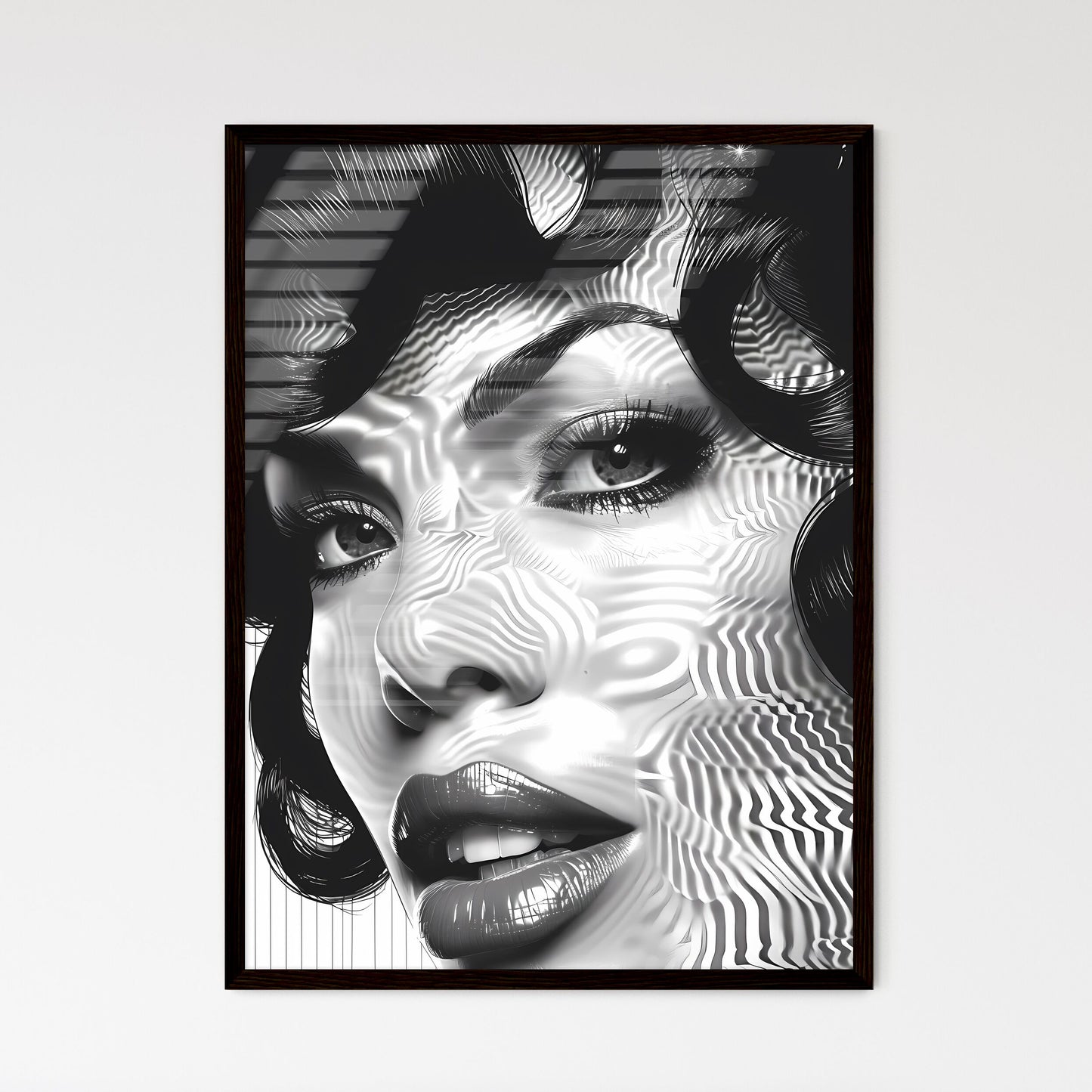 Pop Art Screen Print: Black and White Portrait of Woman with Bold, Curly Hair on White Background Default Title