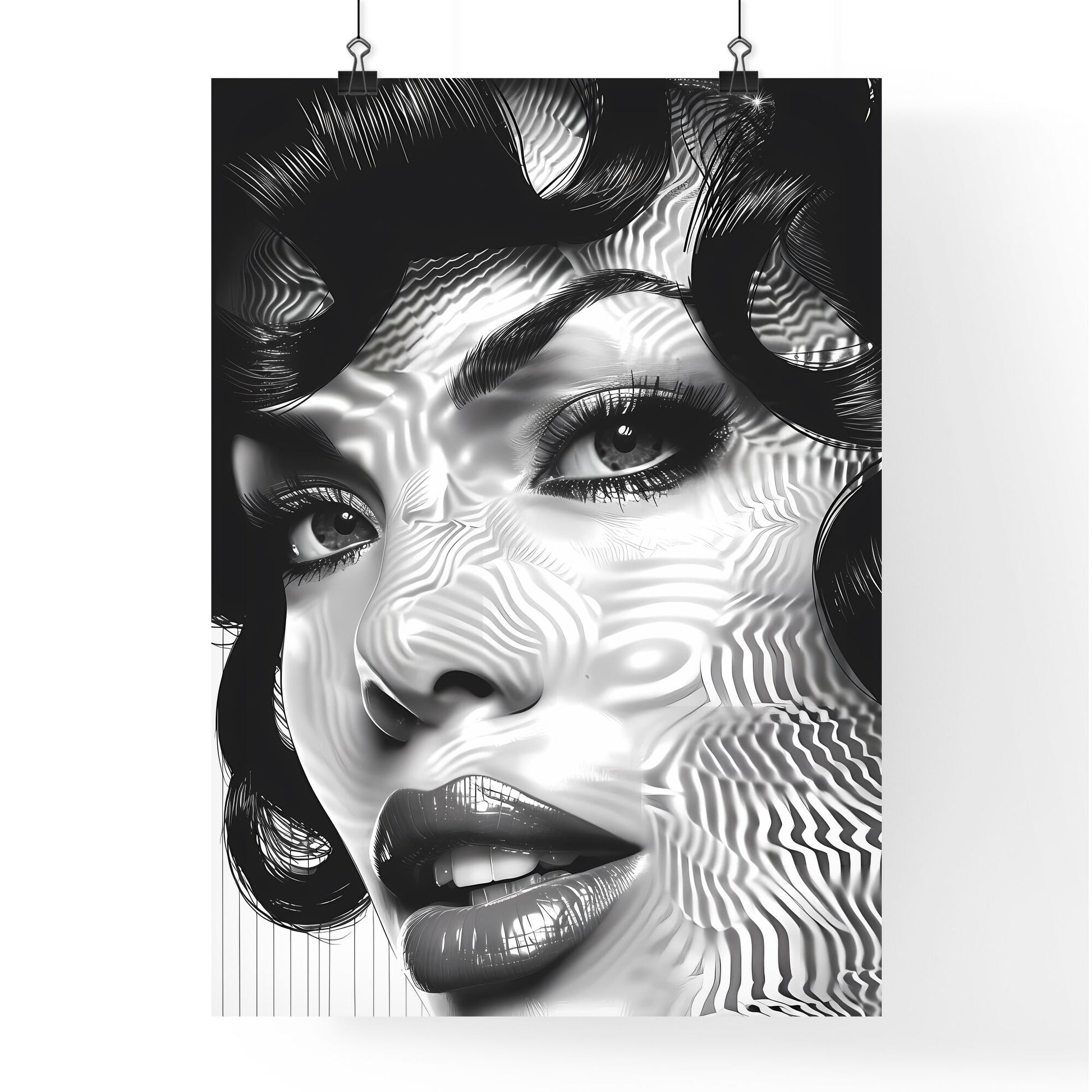 Pop Art Screen Print: Black and White Portrait of Woman with Bold, Curly Hair on White Background Default Title