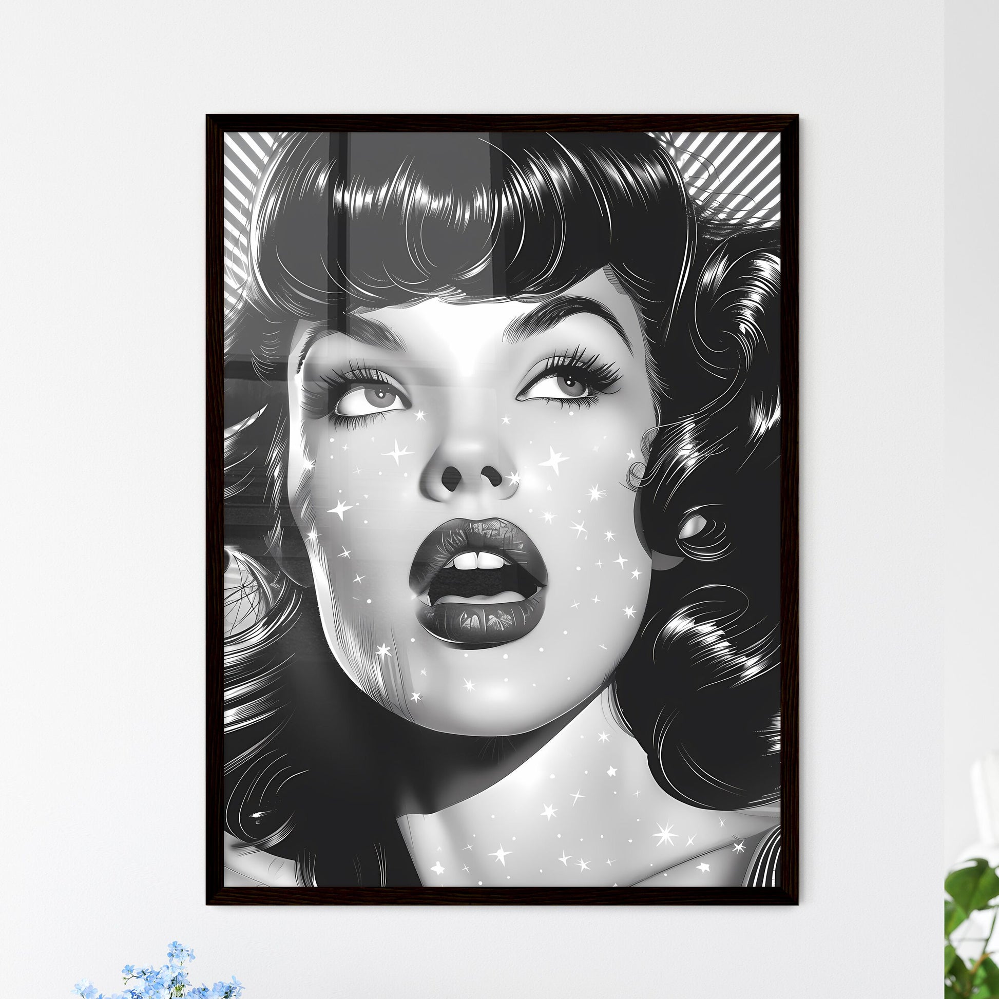 Art Deco Pop Art Style Woman with Curly Hair - Framed Art Print
