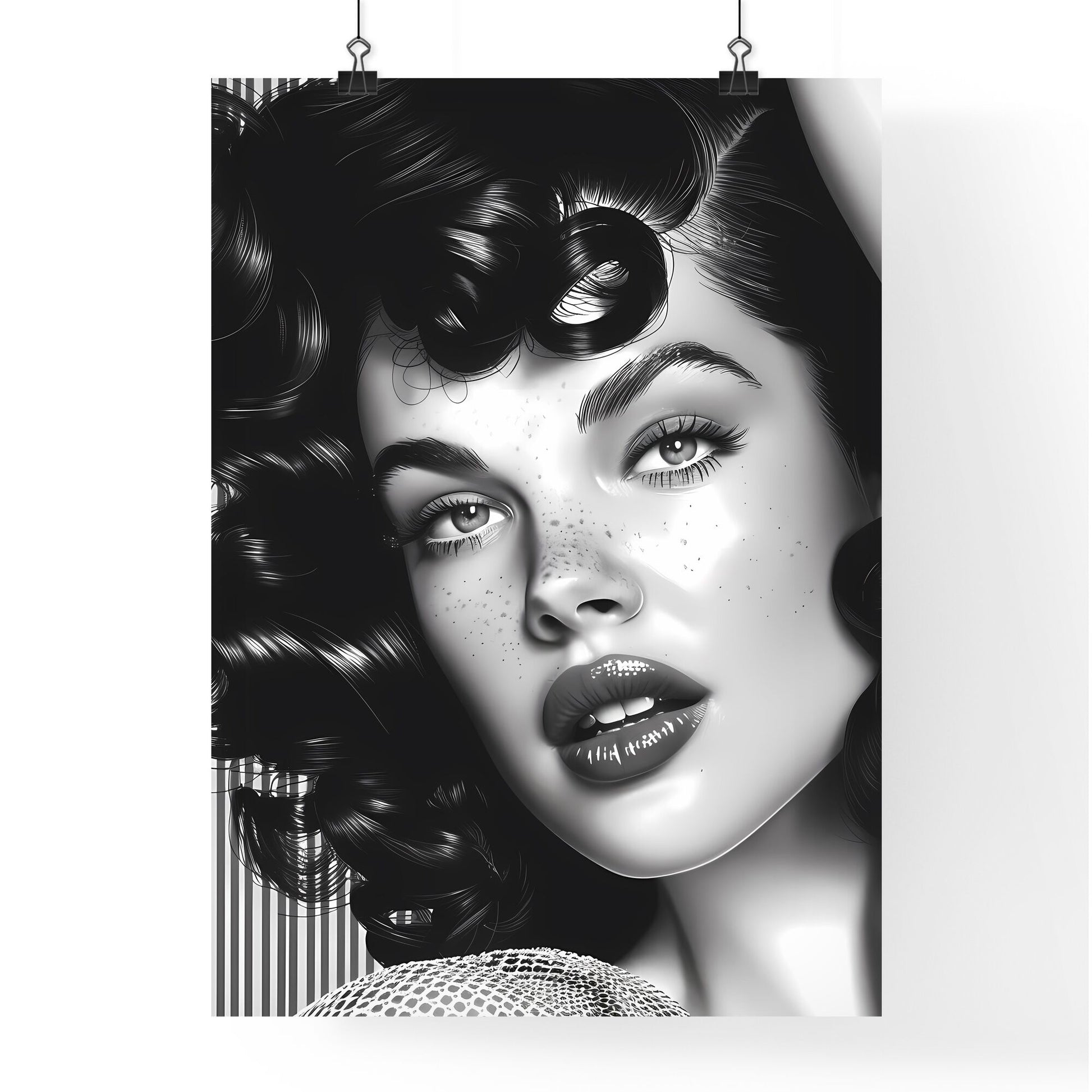 Black and white Pop Art screen printed painting: white background, woman with curly hair and freckles, focus on art Default Title
