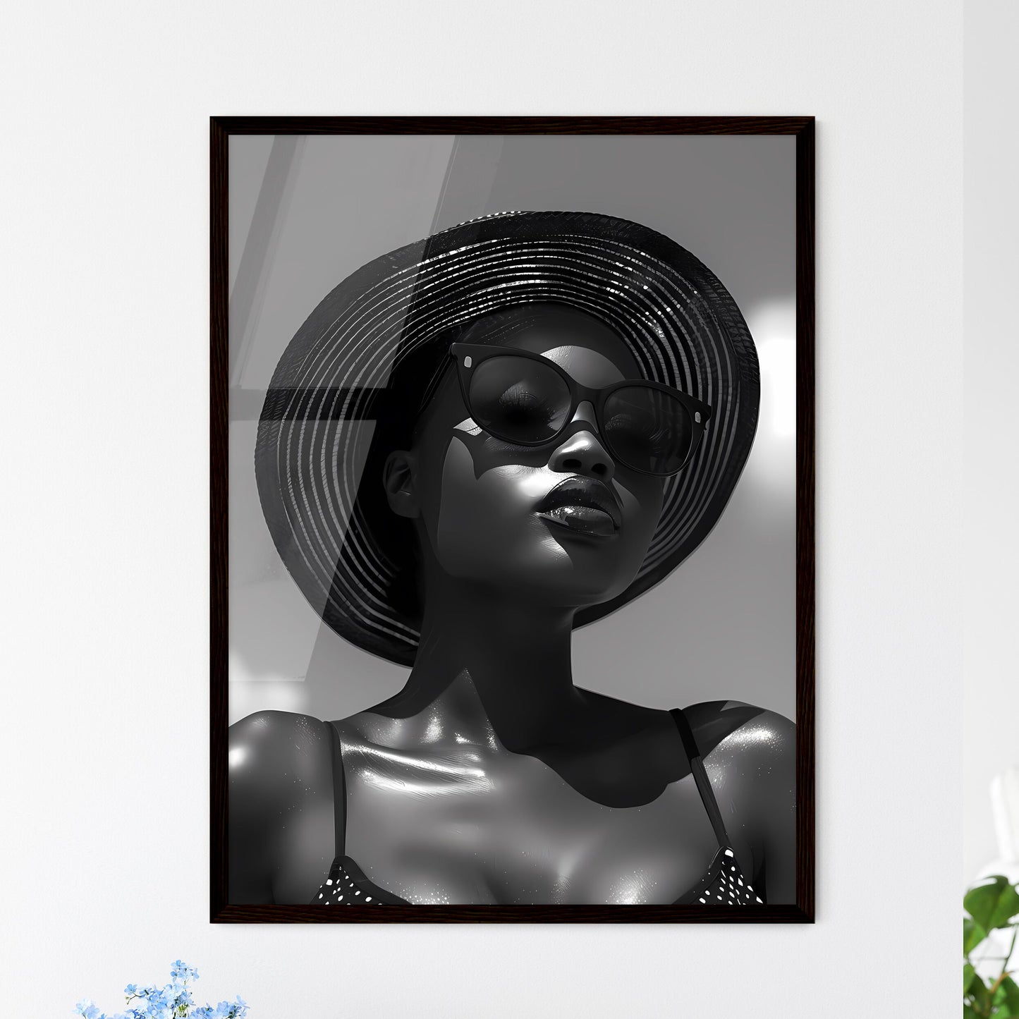 Black and White Cinematic Portrait of a Black Woman Wearing a Hat and Sunglasses, Standing in a Side Pose, Full-Body, Intricate Details, Realistic Painting Default Title