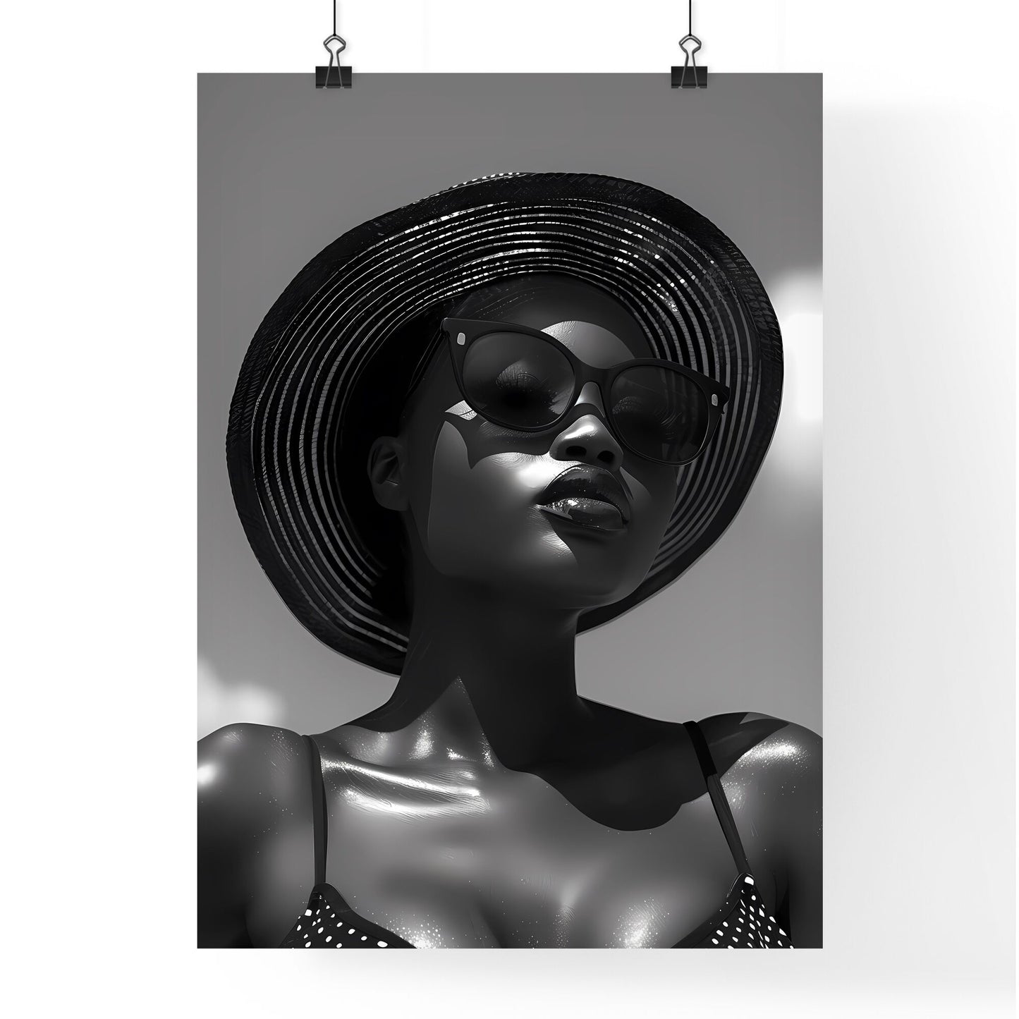 Black and White Cinematic Portrait of a Black Woman Wearing a Hat and Sunglasses, Standing in a Side Pose, Full-Body, Intricate Details, Realistic Painting Default Title