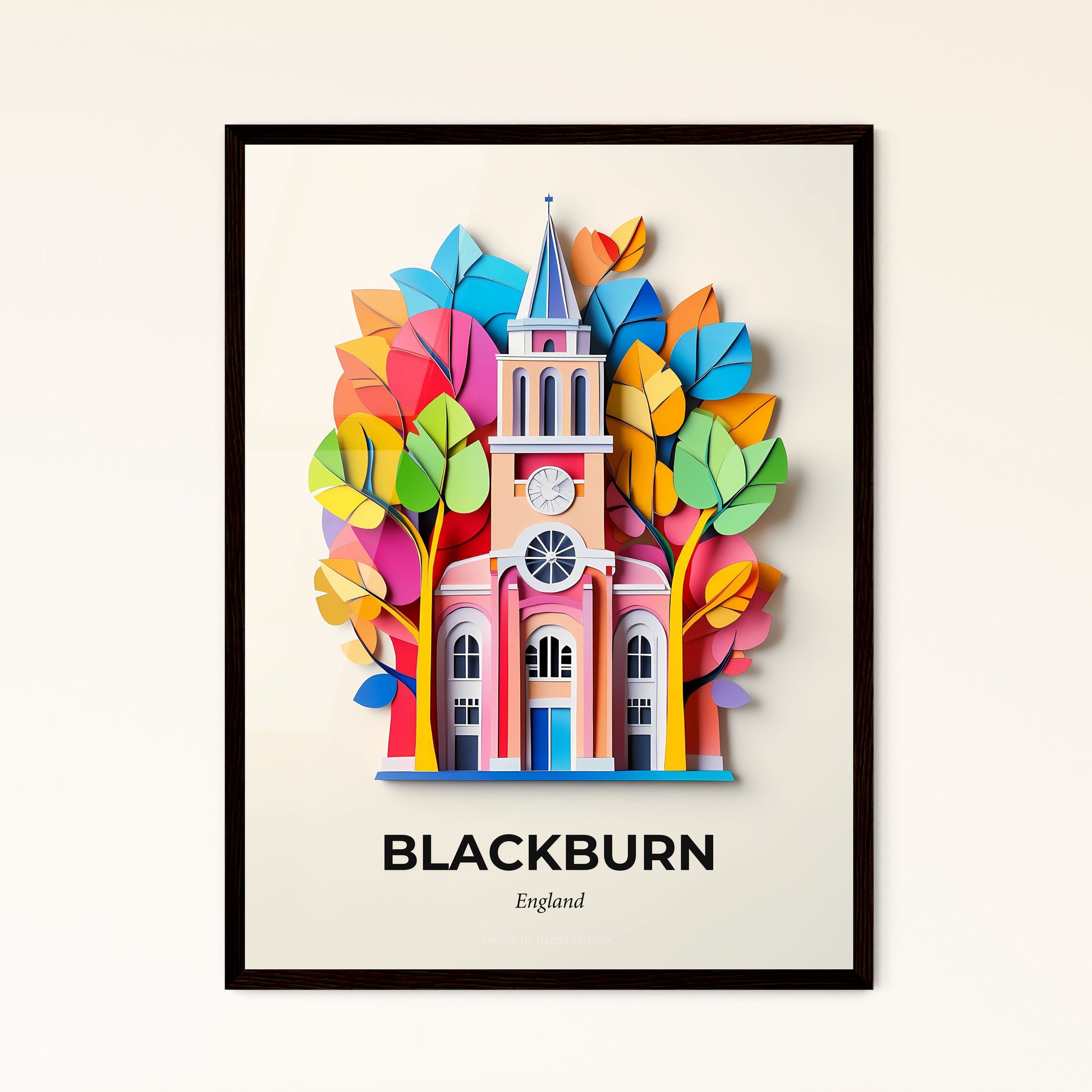 Vivid Blackburn, England - a colorful paper cut of a church with a clock