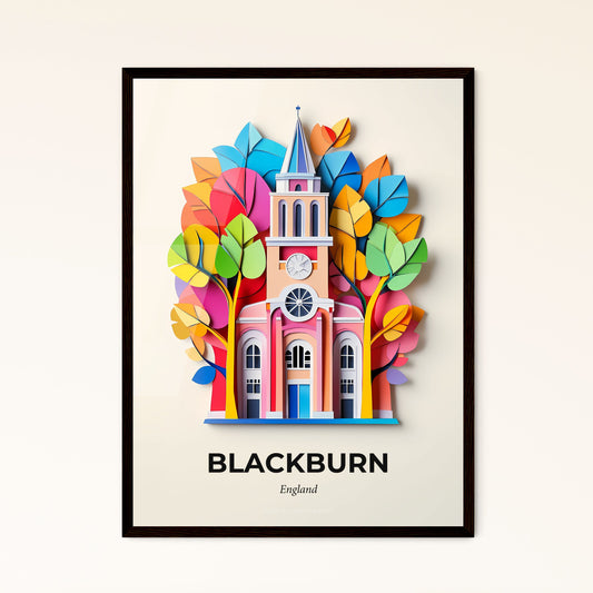 Vivid Blackburn, England - a colorful paper cut of a church with a clock