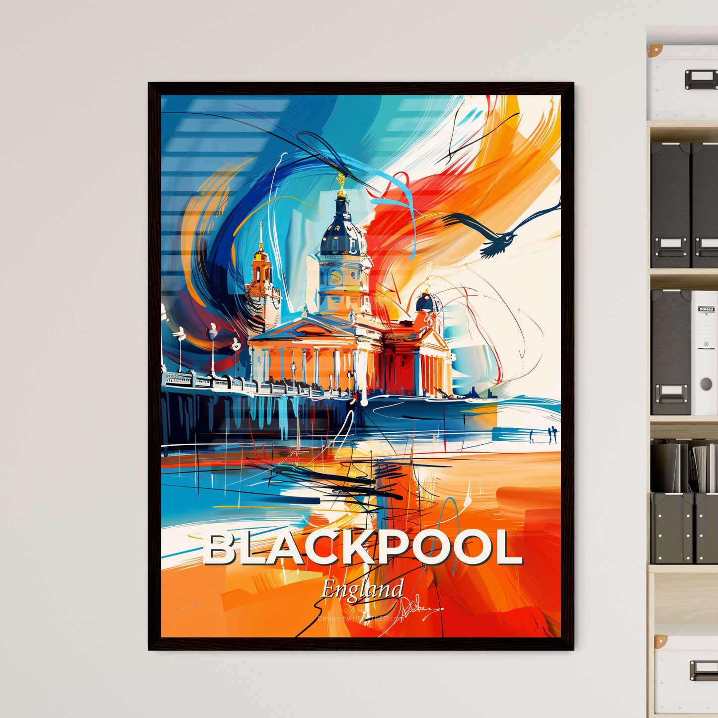 Vibrant Blackpool, England - A Painting Of A Building With A Tower And A Pier