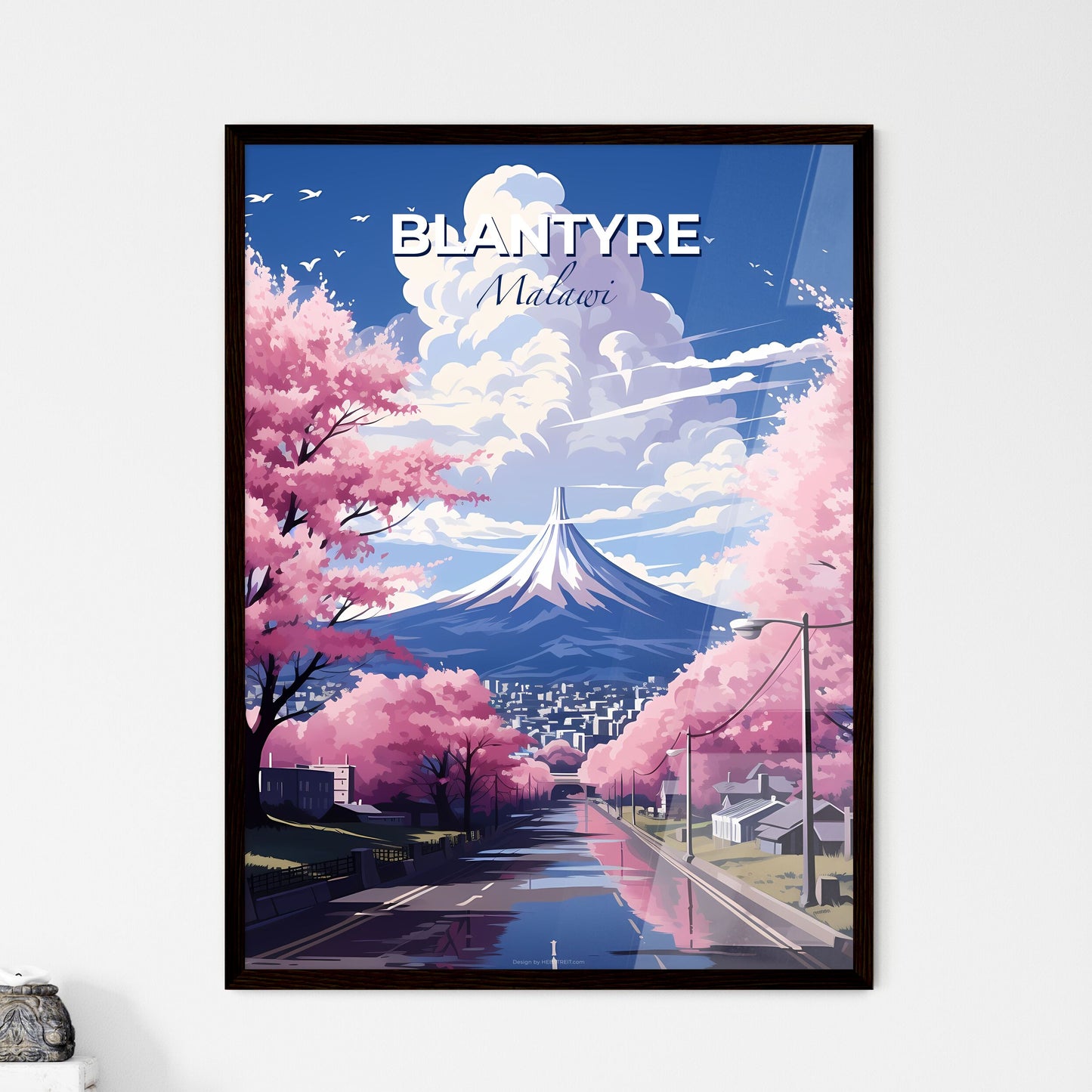 Vibrant Blantyre Malawi Skyline Acrylic Painting Pink Trees Mountain Art Default Title