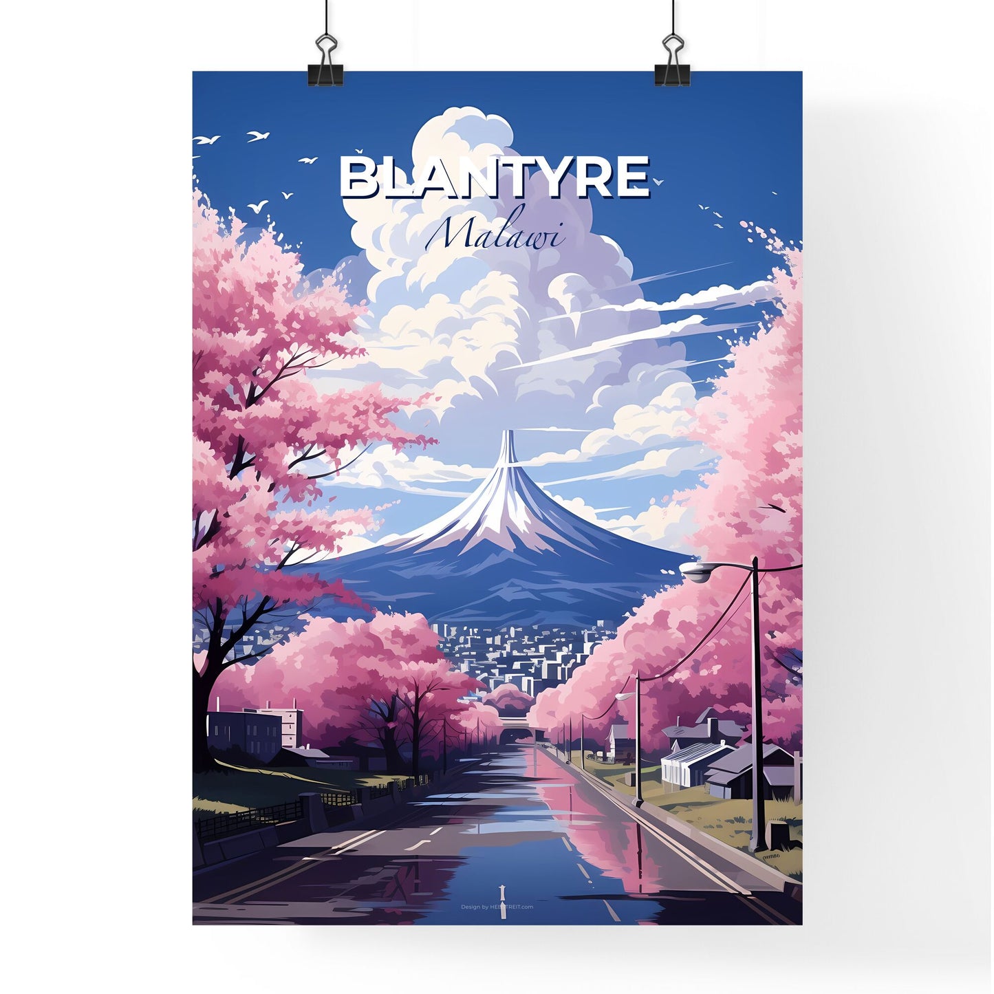 Vibrant Blantyre Malawi Skyline Acrylic Painting Pink Trees Mountain Art Default Title